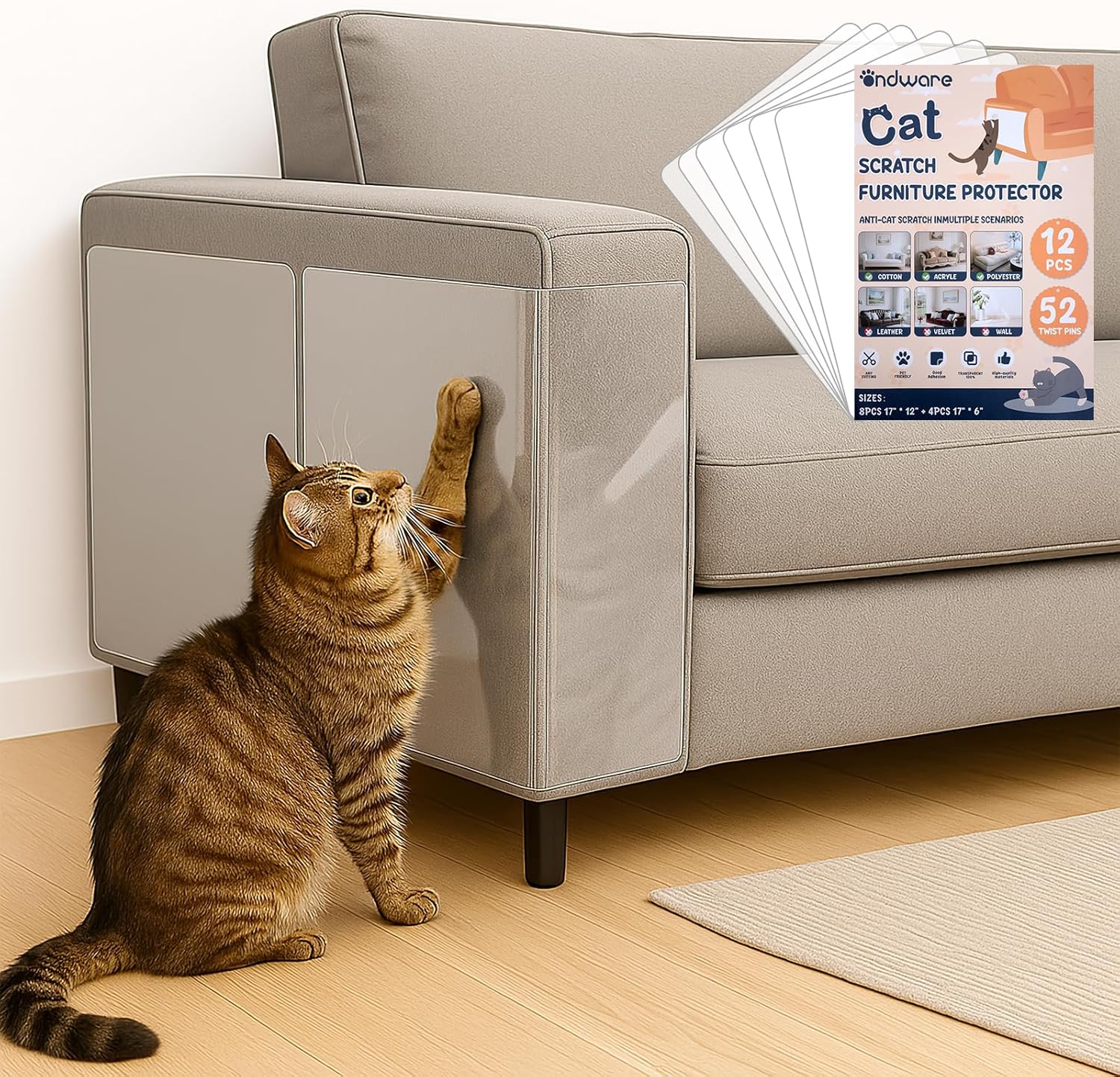 12 PCS Cat Scratch Furniture Protector, 2 Sizes Self-Adhesive Couch Protectors from Cats Claw for Sofa, Walls, Doors