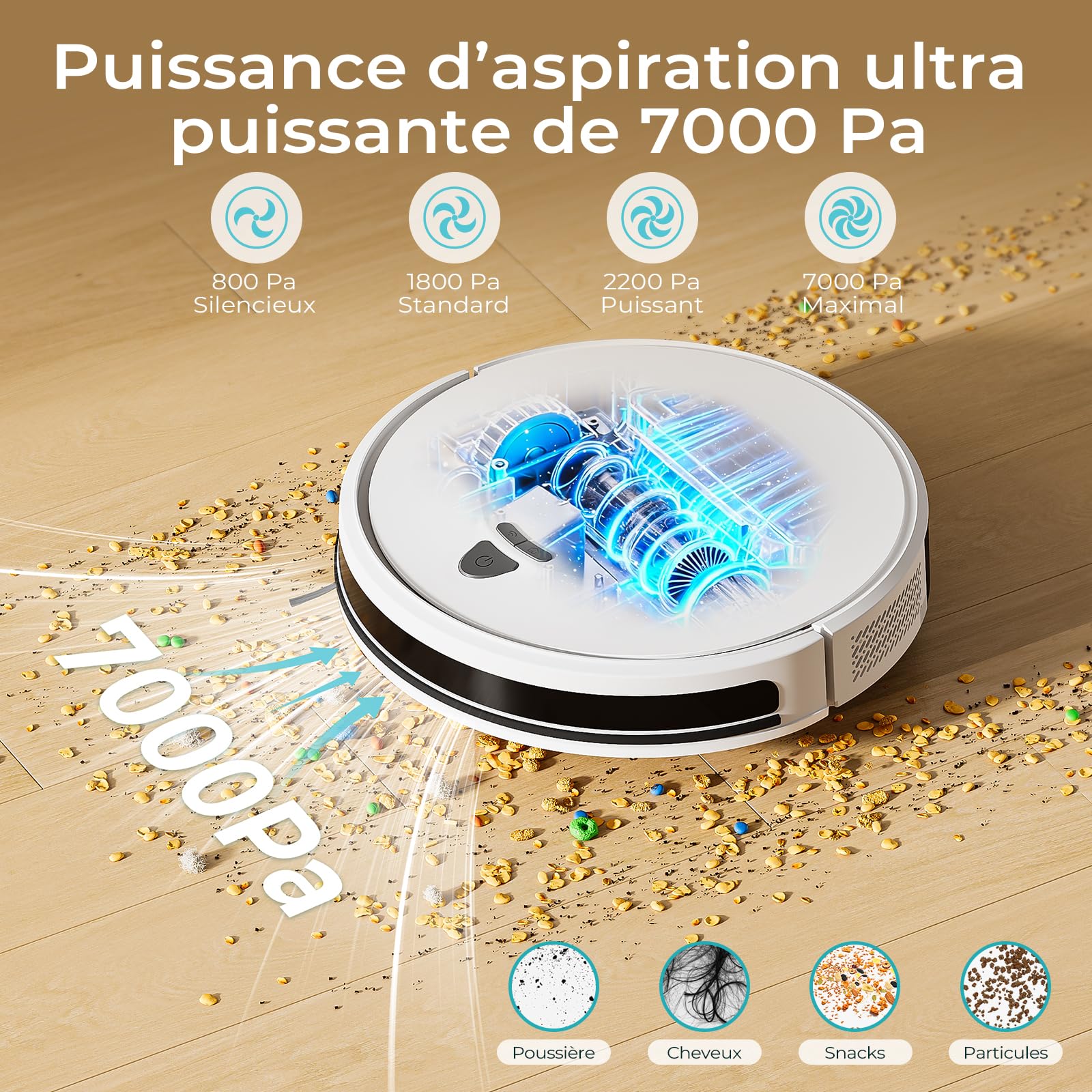 Redkey E6 Aspirateur Robot, Robot Aspirateur avec 7000 Pa Puissance d’Aspiration, Jusqu’à 170 Min Autonomie, avec Station de Charge, Télécommande et APP, Idéal pour Poils d’Animaux, Tapis, Sols Durs