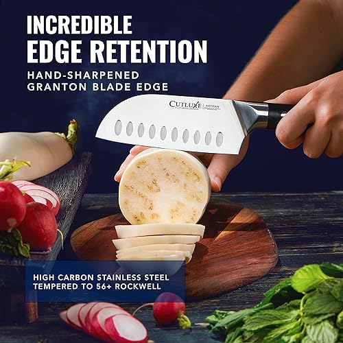 Miniatura 5 de Cutluxe Santoku – Cuchillo de 5" de cocina, cuchillo para carne y verduras – Acero alemán forjado de alto carbono – Espiga completa y afilado como