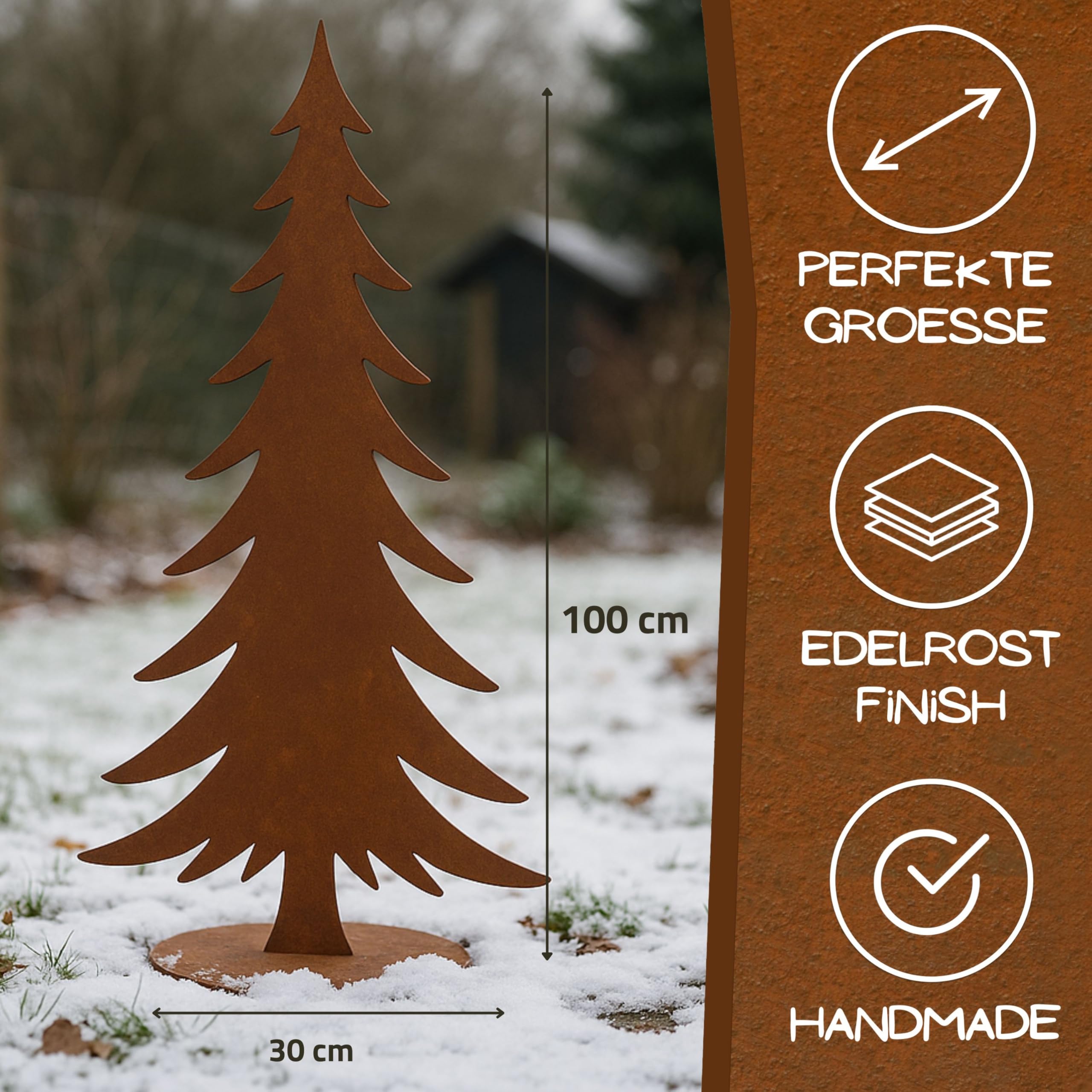 Rostikal Tannenbaum 100 cm – Weihnachtsdeko Outdoor aus Cortenstahl Edelrost – wetterfeste Garten Deko Metall auf Bodenplatte 30 cm – Gartendeko Rost für außen und innen