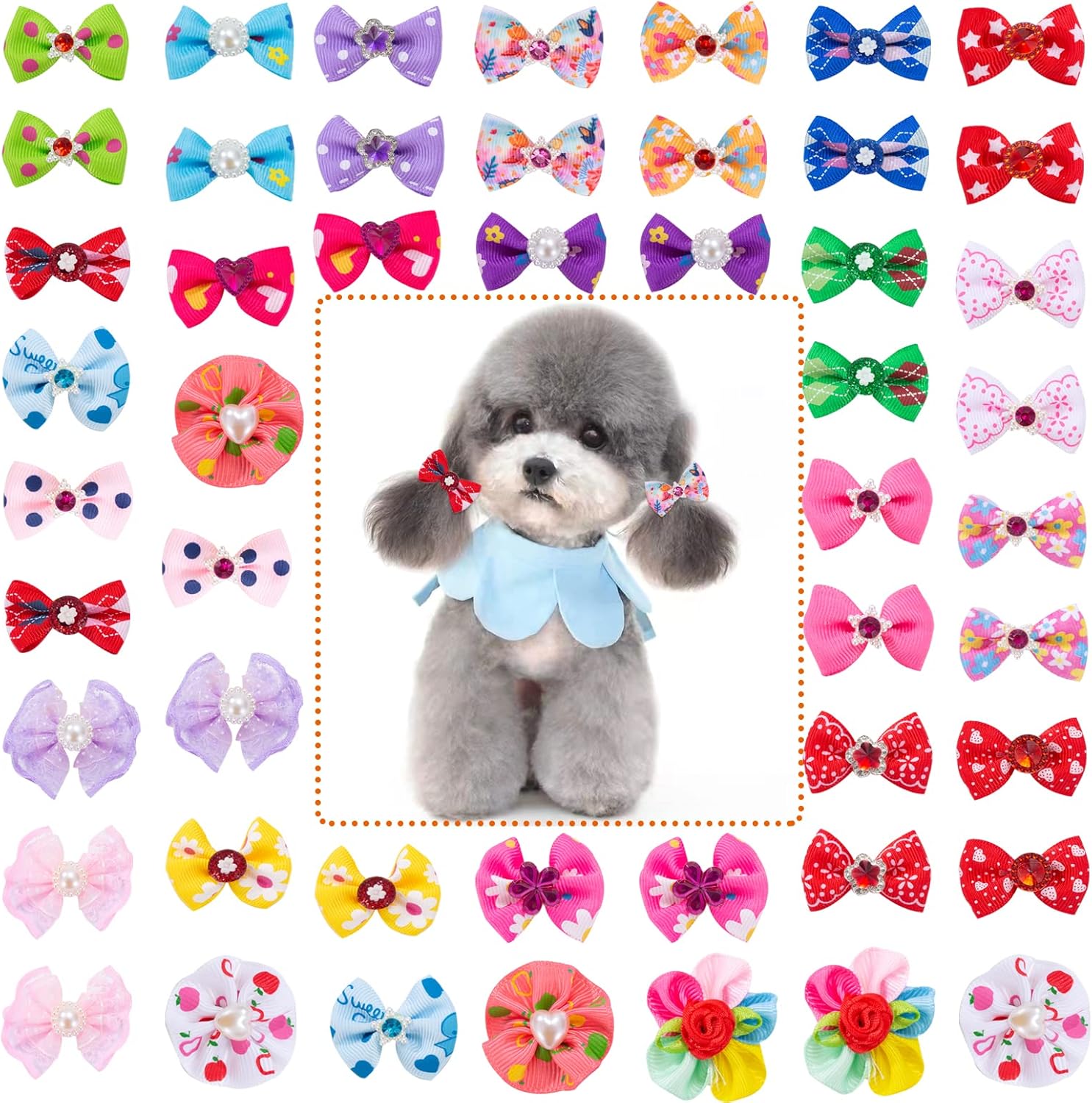Dog Hair Bows 50 Pieces Dog Hair Bows Dog Hair Accessories with Bands for Small Dogs, Cats and Puppies, Random Colors 3
