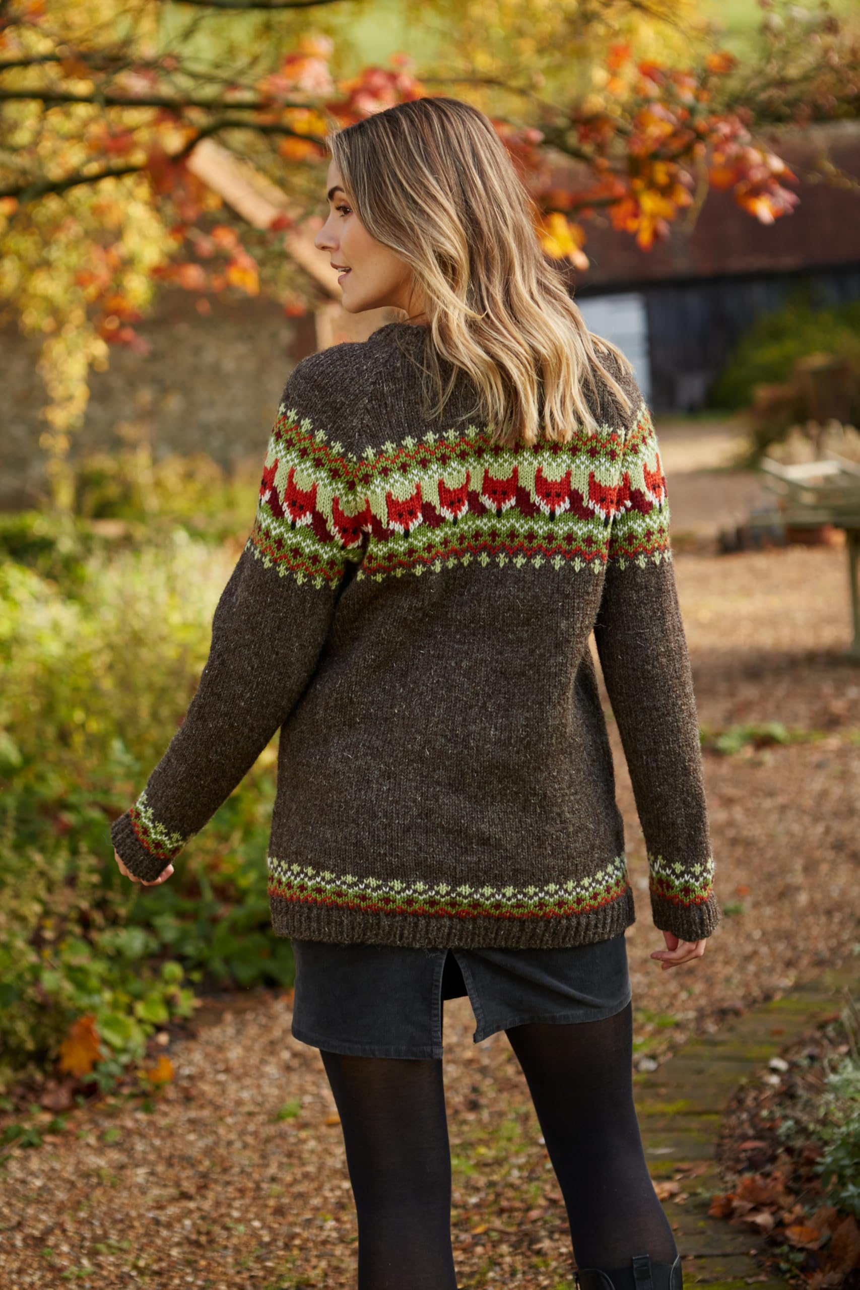 Pachamama Maglione da donna in lana lavorato a mano con volpe marrone multicolore fatto a mano spesso maglione caldo maglione commercio equo e