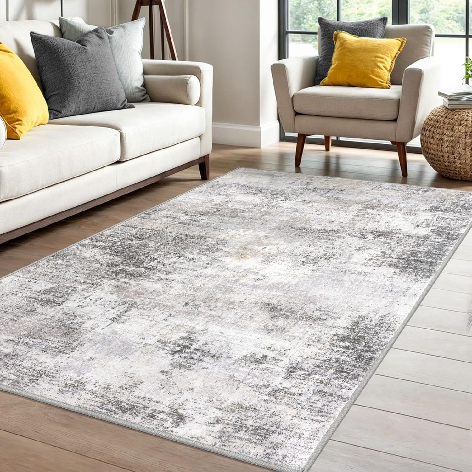iOhouze Abstract 4x6 Ft Washable Non-Slip Area Rug - Faux Wool for Entryway, Kitchen, Living Room, Grey Beige