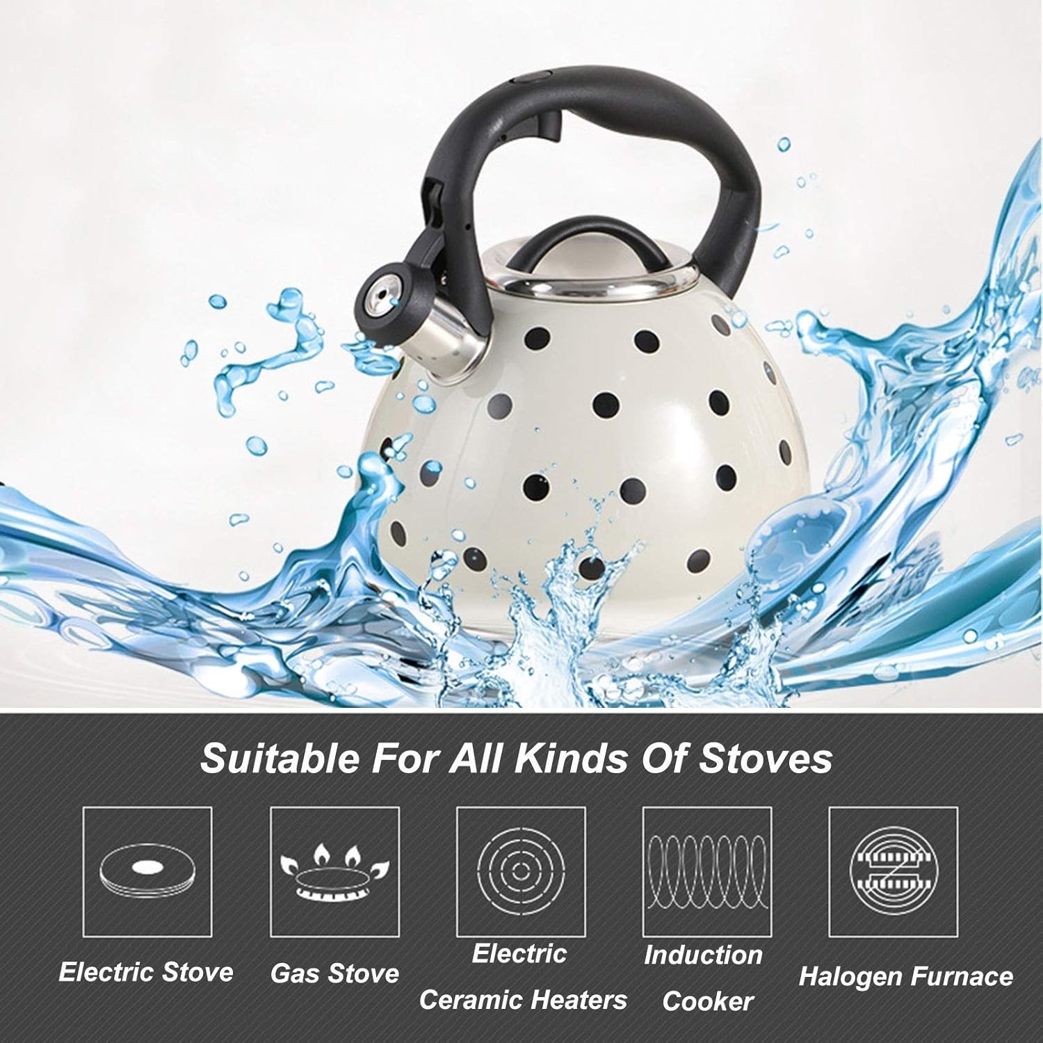 Camping Coffee Tea Pots Large Whistle Stove Polka Dot Teapot One-Button Opening and Closing Design Household Stainless Steel Teapot (Black 3L)