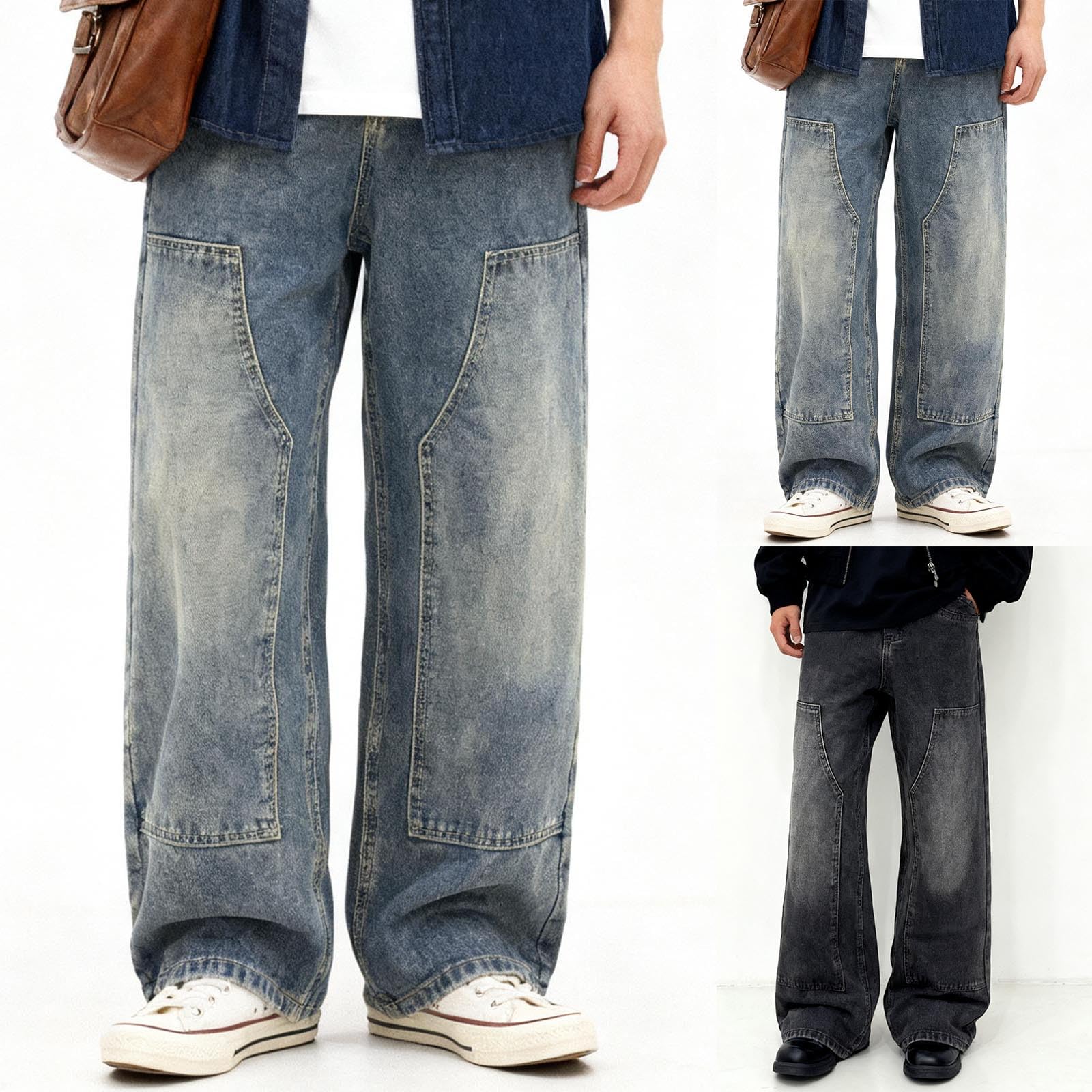 Jeans da uomo, stile vintage, largo, taglio dritto, in tinta unita, stile retrò, patchwork, per il tempo libero, casual, streetwear, outdoor, jeans da uomo