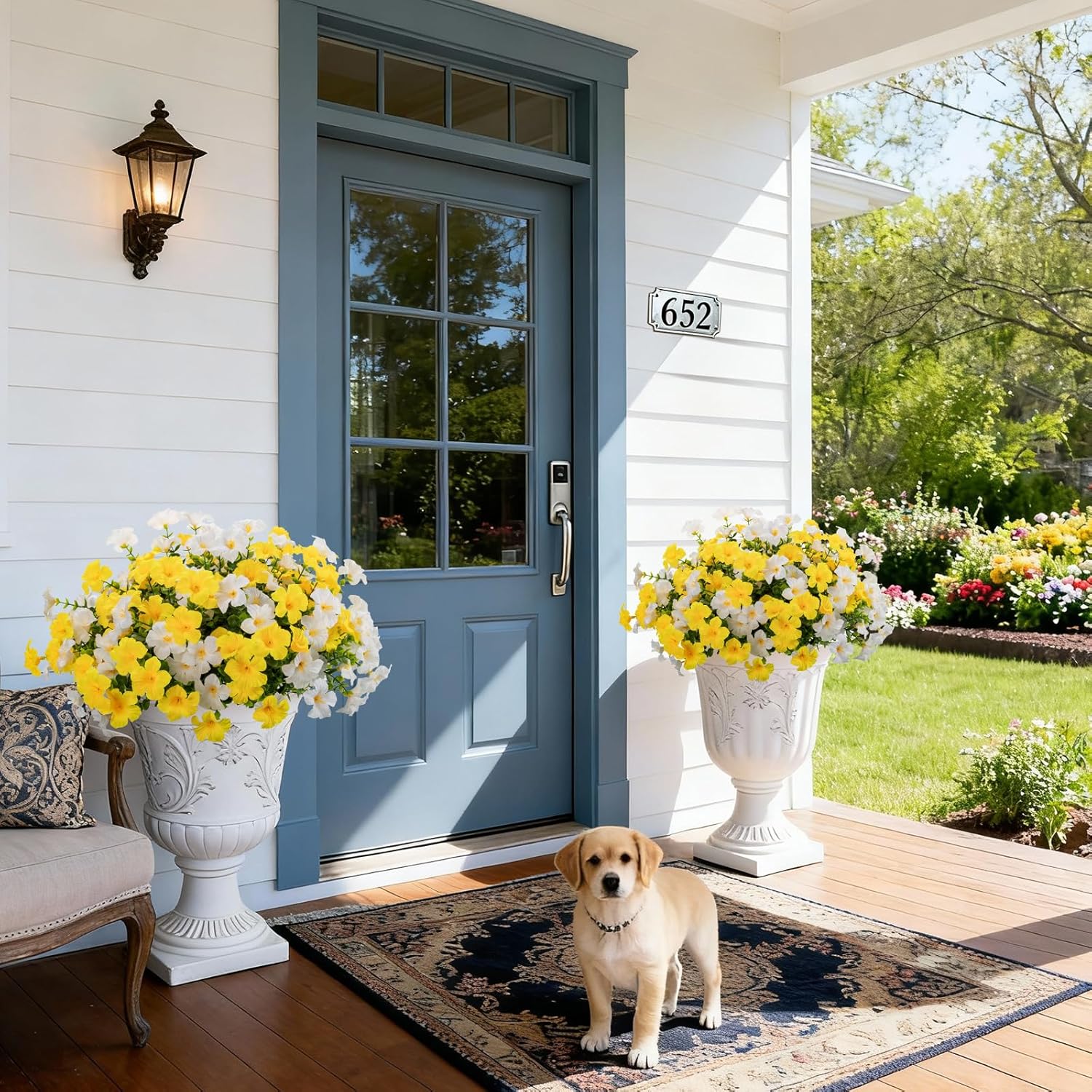 12 Bundles Artificial Flowers for Outdoors,UV Resistant Fake Silk Morning Glory Flowers Faux Plastic Plants for Planter Front Door Window Box Patio Yard Porch Indoor Home Decor (Yellow,White)