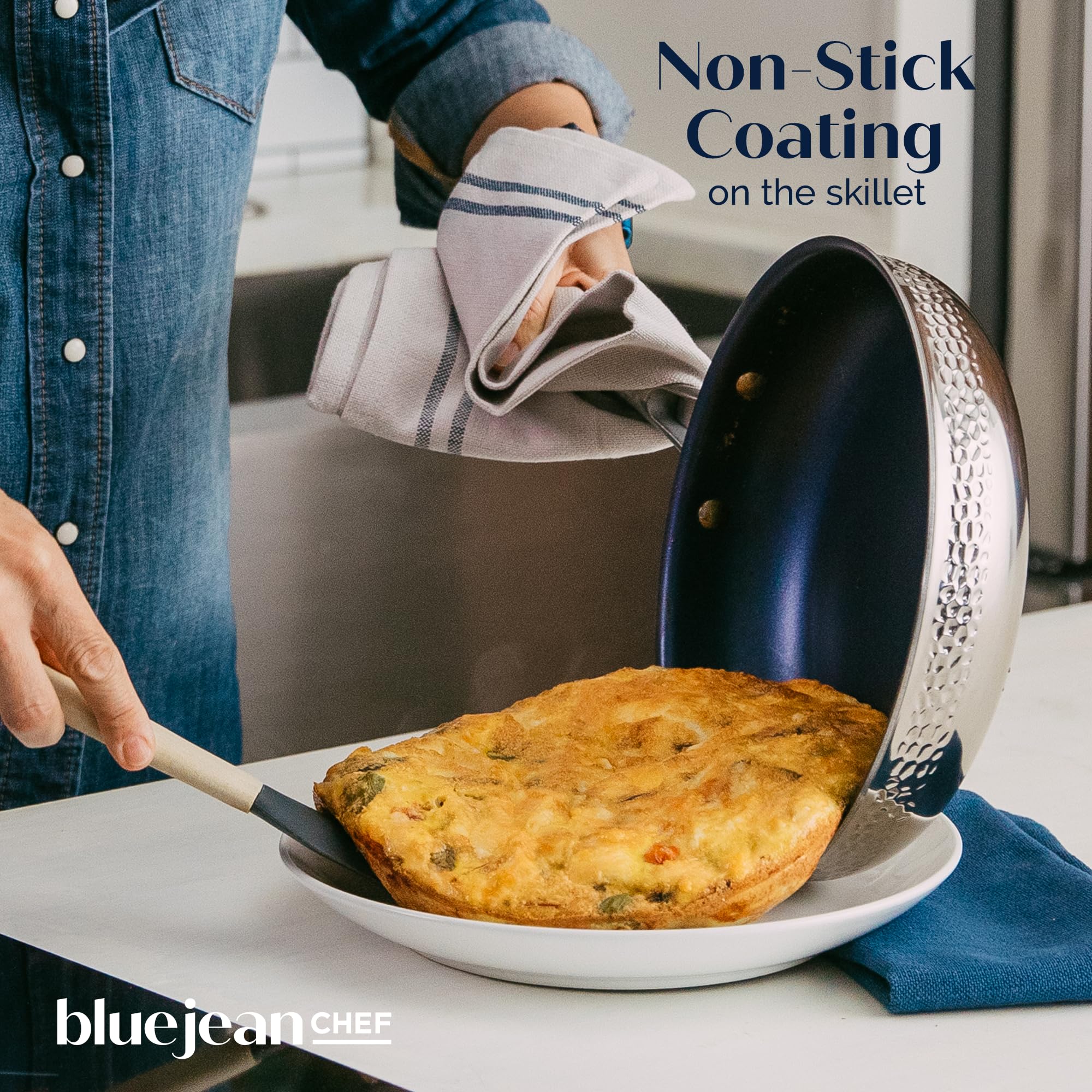 The Blue Jean Chef Batterie de cuisine 3 pièces en acier inoxydable, finition martelée, batterie de cuisine triple couche, antiadhésive, passe à l'induction, au four et au lave-vaisselle