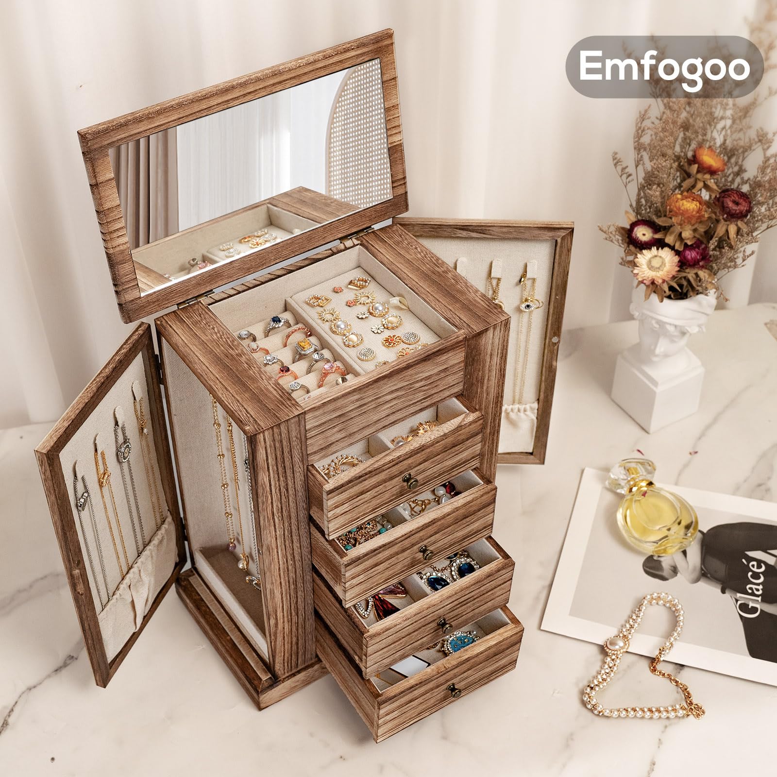 Schmuckkästchen, 5 Ebenen Schmuckaufbewahrung, Große Holz Schmuckkasten Organizers für Ringe Ohrringe Halsketten Armbänder, Schmuckschatulle mit Schubladen und Spiegel(Rustikal)