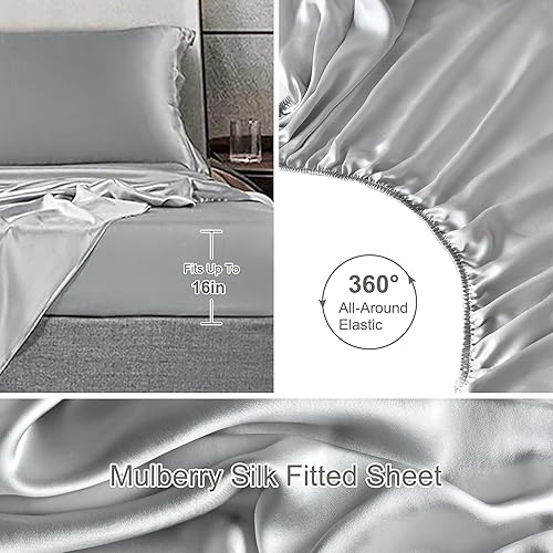 Miniatura 6 de HusiAjiesilk Juego de sábanas de seda de 4 piezas, sábanas de cama 100% seda de morera, juego de ropa de cama de seda de lujo de 19 momme tamaño