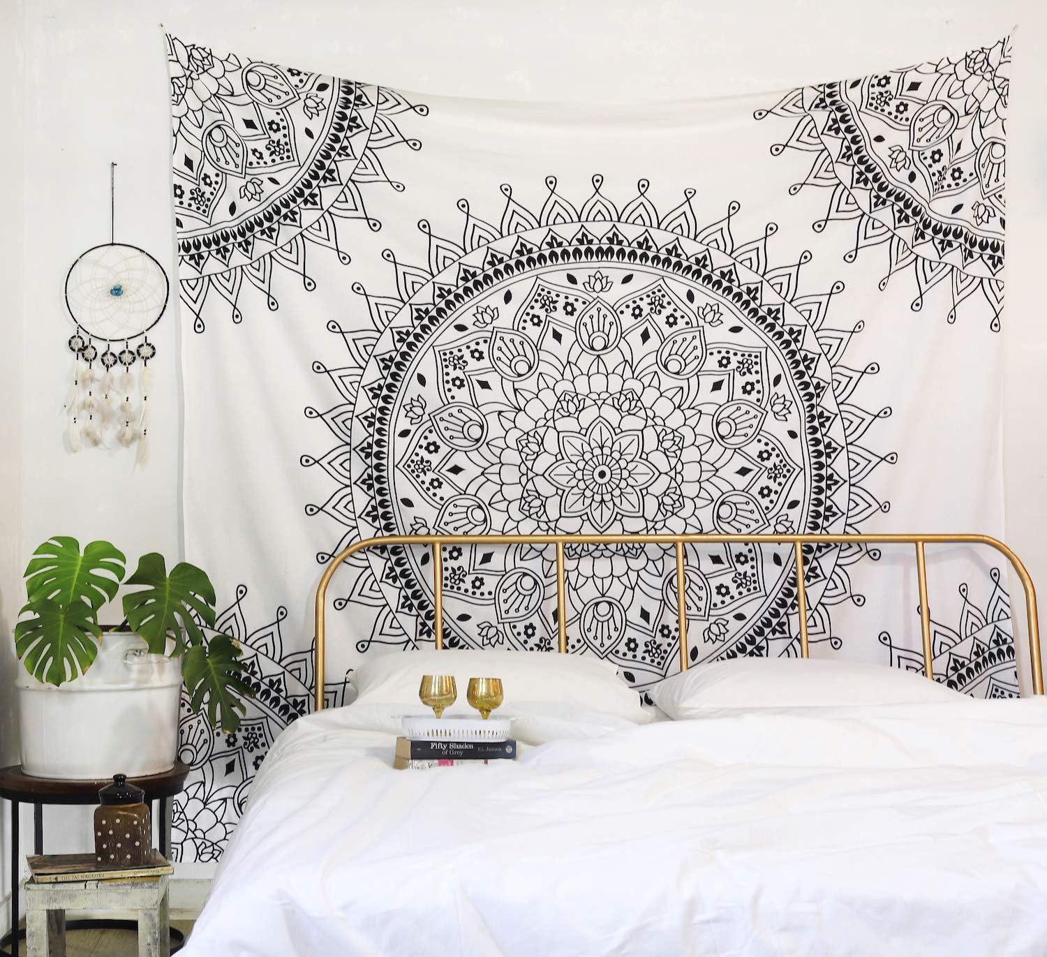 Madhu International Cotton Handicrafts Hippie Mandala Tapestry - Indian Psychedelic Bohemian Mandala Tapestries For Wall Hanging, Beach Throw, Bedsheet, Table Cover, Yoga Mat - Twin, White (54 x 80 Inches / 140 x 205 CMs)