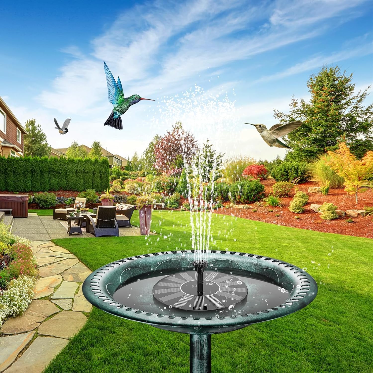 AISITIN Solar Water Fountain, Upgrade Circular Bird Bath Water Pump with 6 Nozzles Floating Water Feature Fountain Pump for Outdoor Small Pond, Patio Garden and Fish Tank — view 3