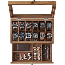 SONGMICS 12-Slot Watch Box, 2-Tier Watch Display Case with Large Glass Lid, Removable Pillows, Velvet Lining, Jewelry Box, Fathers Day Gift for Dad, Rustic Walnut UJOW012K01