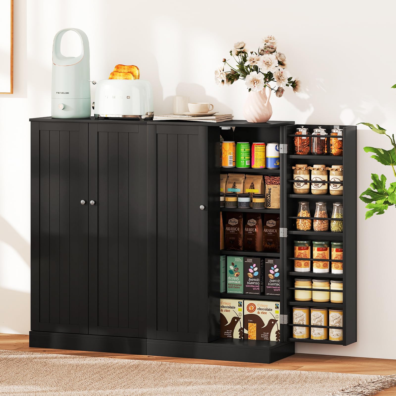 KOMFOTTEU Vorratsschrank mit Doppeltür, Aufbewahrungsschrank mit verstellbaren Einlegeböden, Mehrzweckschrank Apothekerschrank Holz, Beistellschrank für Küche Flur (Schwarz)