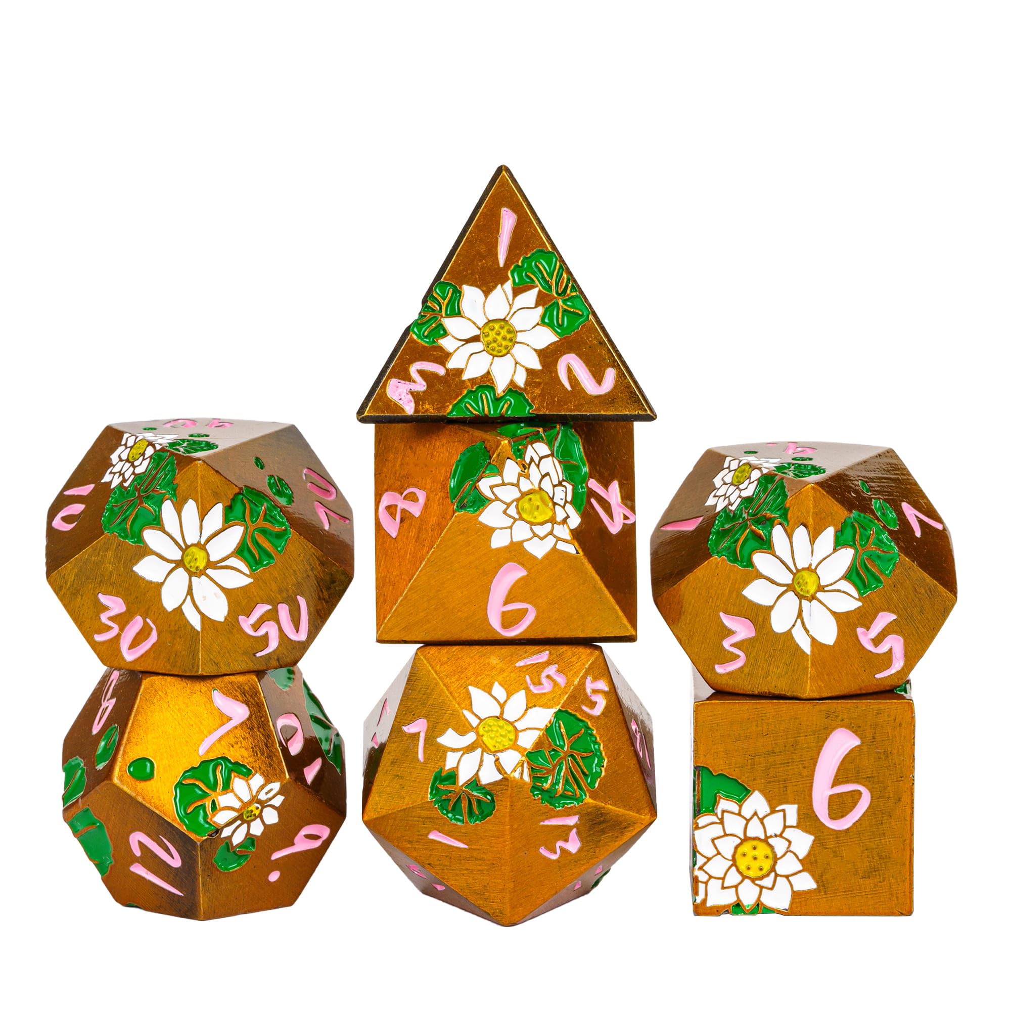 CRITALLIC Lotus Flower Metal DND Dice Set,Heavy Metallic Flower D&D Dice Set with Gift Metal Case for Dungeons and Dragons TTRPG Games Roleplaying Games Pathfinder(Ancient Gold and Pink)