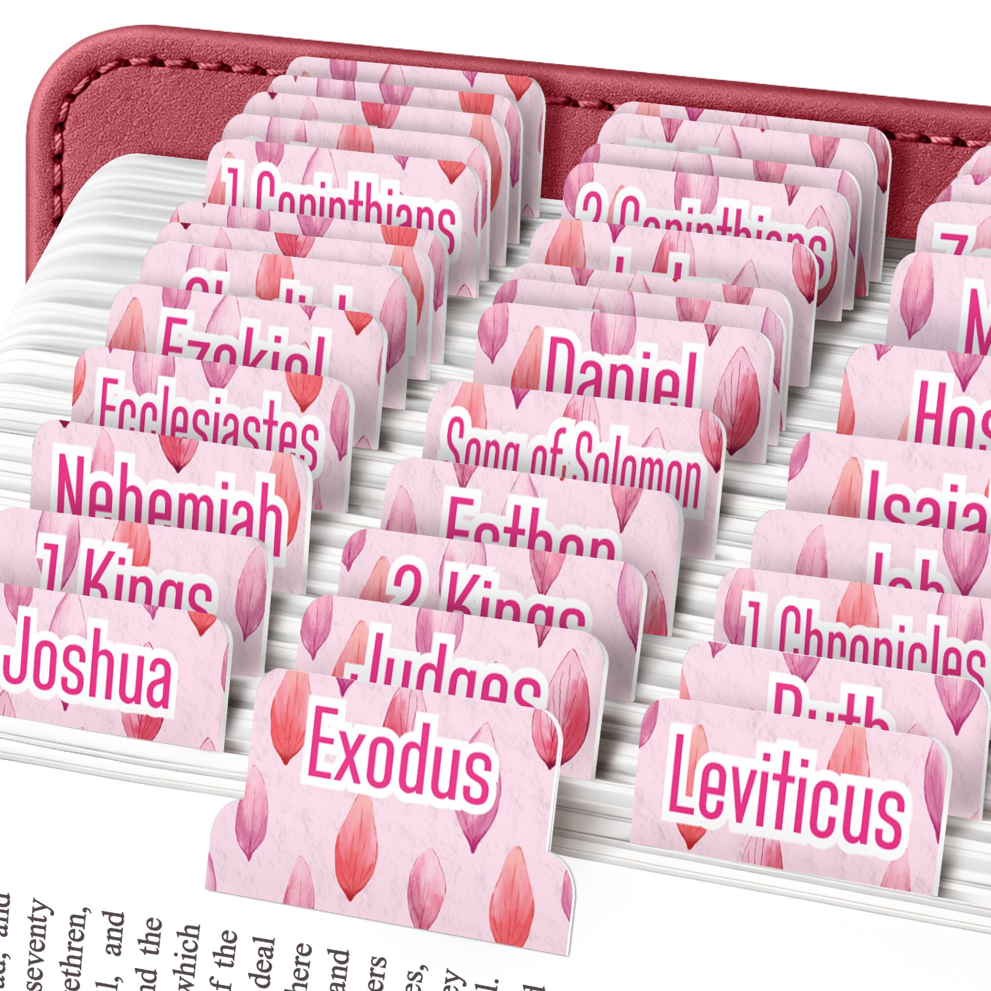 EssexWares – Candy Pink Leaves Bible Tabs for Old and New Testament, 80 Large Print Tabs for Bible Study, Water-Resistant and Durable Bible Index Tabs for Women and Men - 1.7" Wide