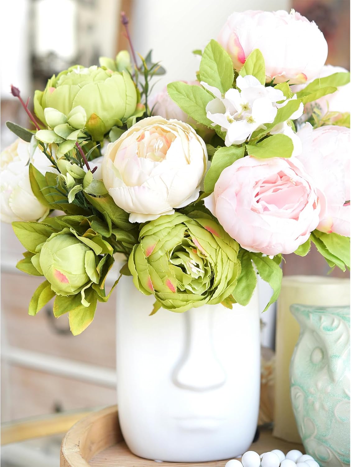FiveSeasonStuff Artificial Peony Bouquets, 2 Cream Beige & Moss Green Silk Flower Bundles for Wedding Centerpieces & Home Decor – Vintage Peonies
