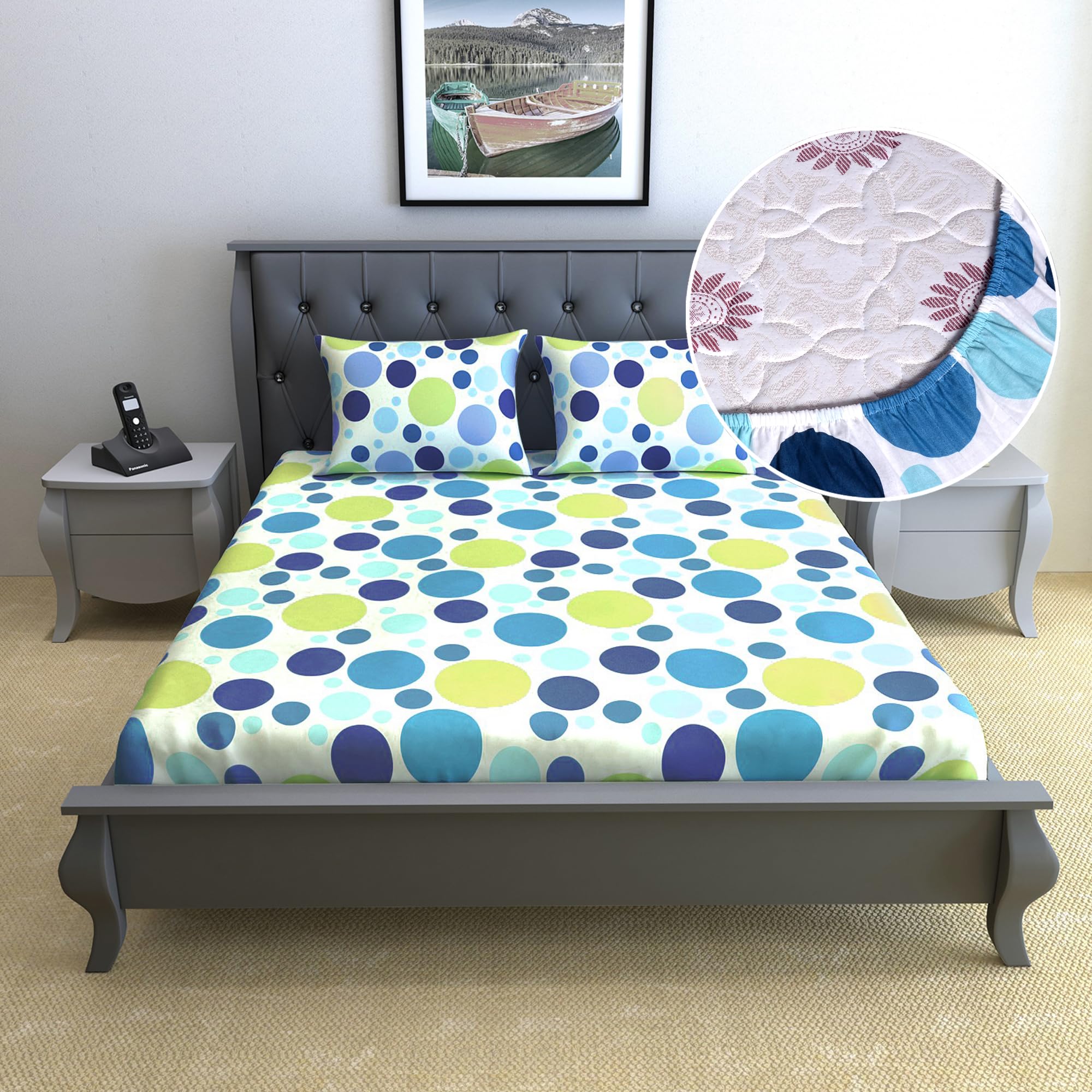 Divine Casa 100% Cotton 144 TC Cotton Elastic Fitted Bedsheets Double Size with 2 Pillow Covers | 59 x 78 inches | Blue