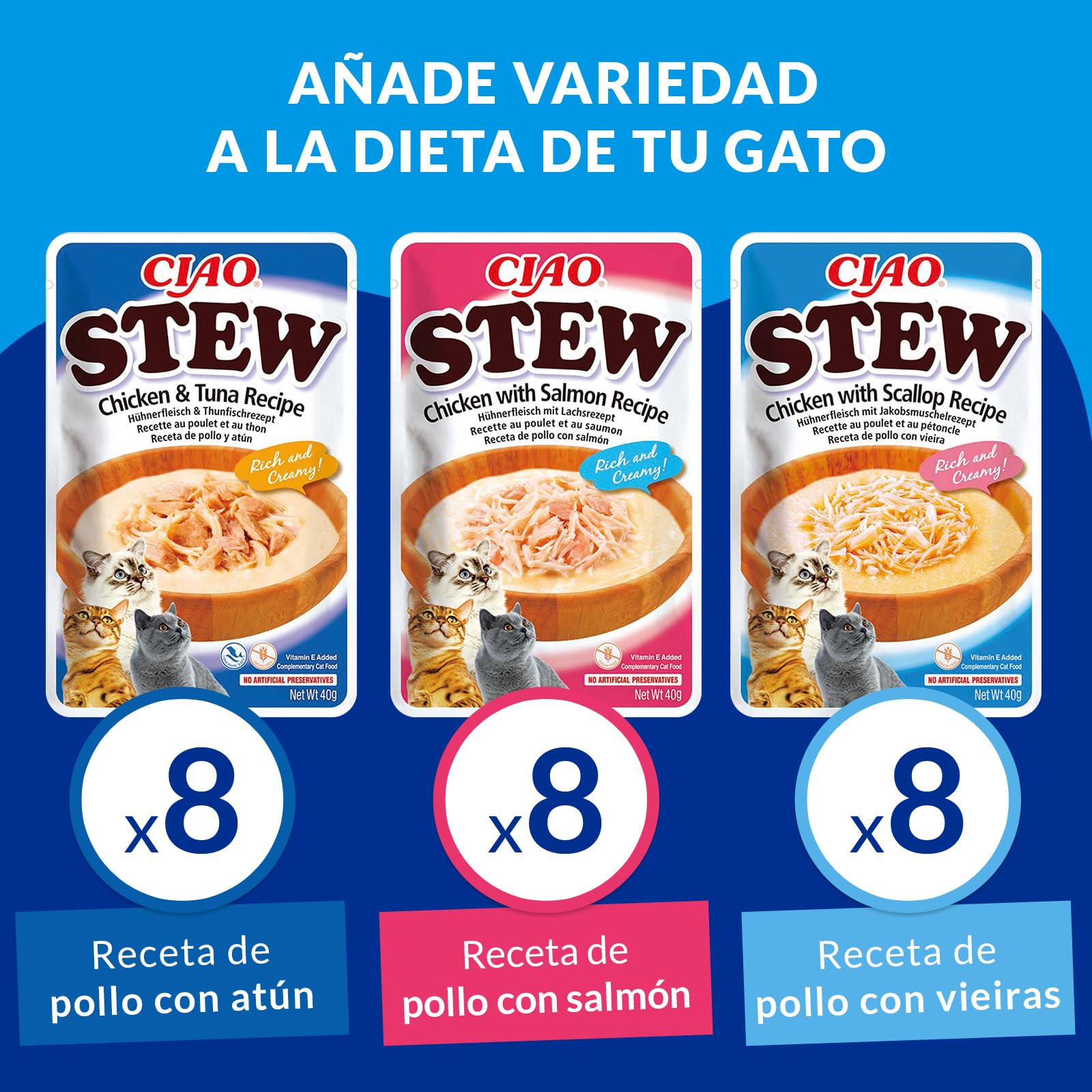 INABA Ciao Stew Gatos - Receta Saludable de Estofado Cremoso con Pollo, Atún, Salmón y Vieira - Comida Húmeda con Tiras de Pollo - Alimento Natural sin Cereales - 960g (24 Sobres x 40g)