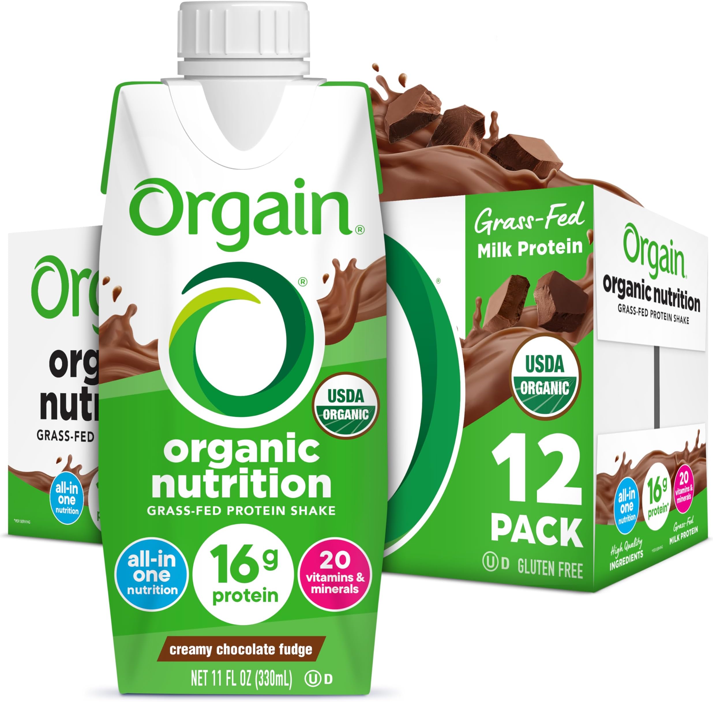 Organic Nutritional Shake, Creamy Chocolate Fudge - Meal Replacement, 16g Protein, 20 Vitamins & Minerals, Gluten & Soy Free, Kosher, Non-GMO, Packaging May Vary, 11 Fl Oz (Pack of 12)