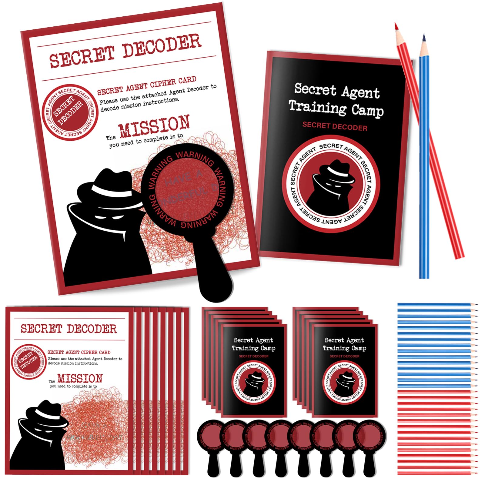 ReliThick 15 Set Detective Kit Secret Decoder Spy Kit Glass Decoder with Agent Training Camp Notepads Secret Mission Cards Pens Birthday Party Favors Goodie Bags Prizes for Students