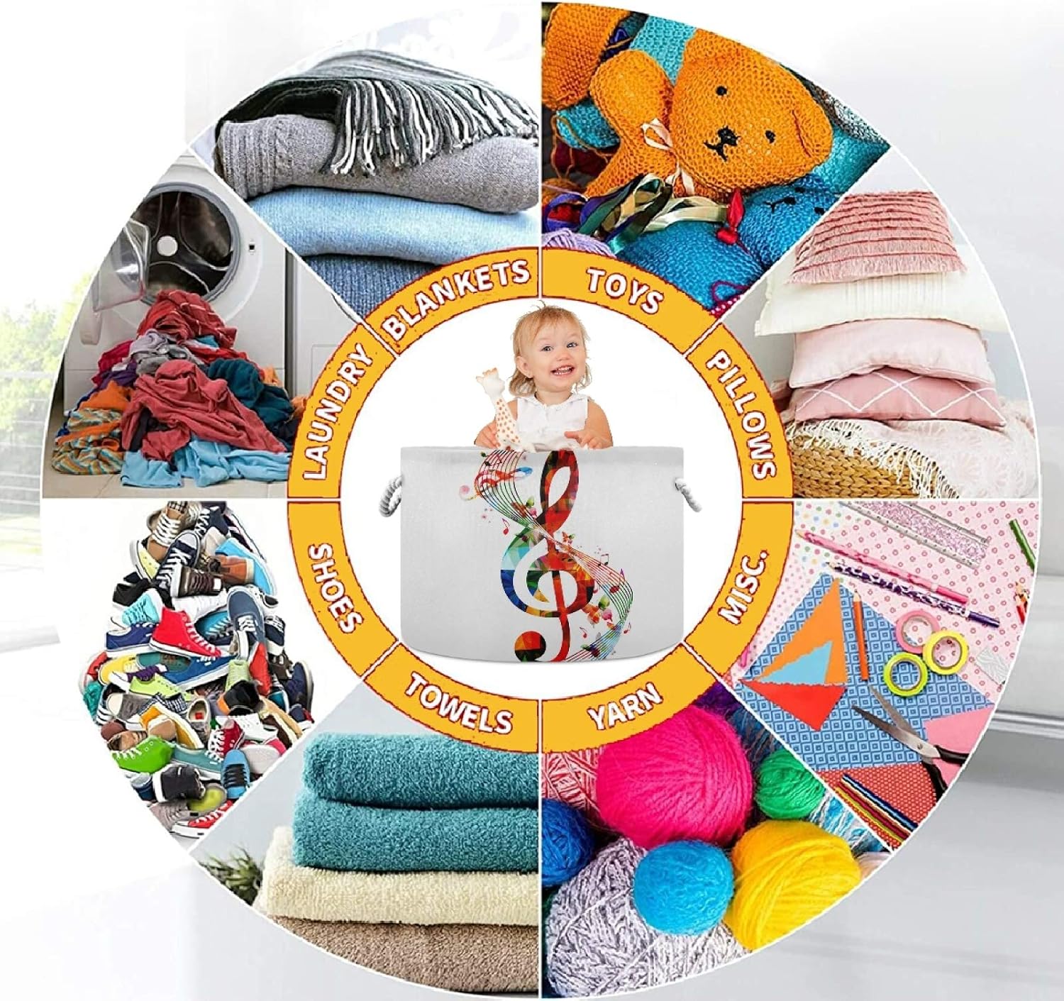 visesunny Storage Basket Colorful Music Notes Nursery Hamper Canvas Fabric Toy Storage Organizer Bin Storage Box Laundry Basket for Kid Rooms,Playroom,Shelves,Toy Basket