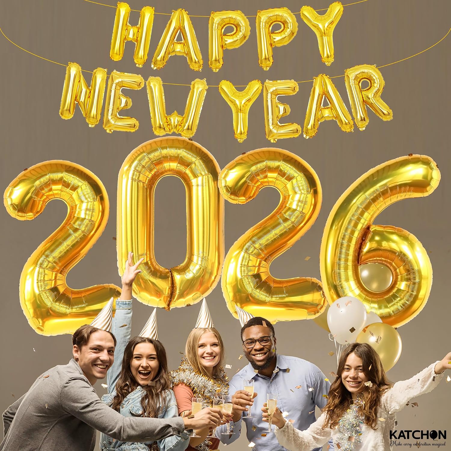 KatchOn, Gold Happy New Years Balloons - 40 Inch | New Year Eve Balloons for Happy New Years Decorations 2026 | NYE Banner 2026 | New Years Eve Party Supplies 2026, NYE Decorations