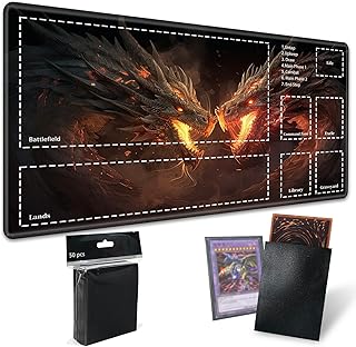TCG Playmat Board Game Mat Plus 50 Pcs Card Sleeves, 24 x 14 inches Durable Stitched Table Mats Games Mousepad with Zones for MTG RPG CCG Trading Card Game Play Mats, Fierce Fire Dragon