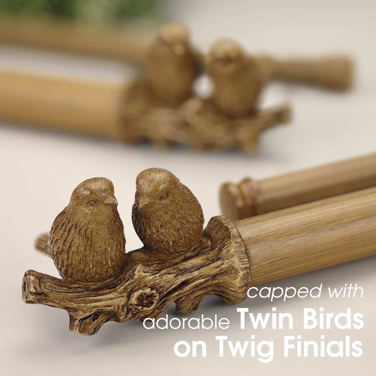 1 Inch Double Curtain Rods 72 to 144 Inches Adjustable Faux wood color Drapery Rods for Window width 68 to 140 Inches with Twin Birds on Twig Finials for Bedroom