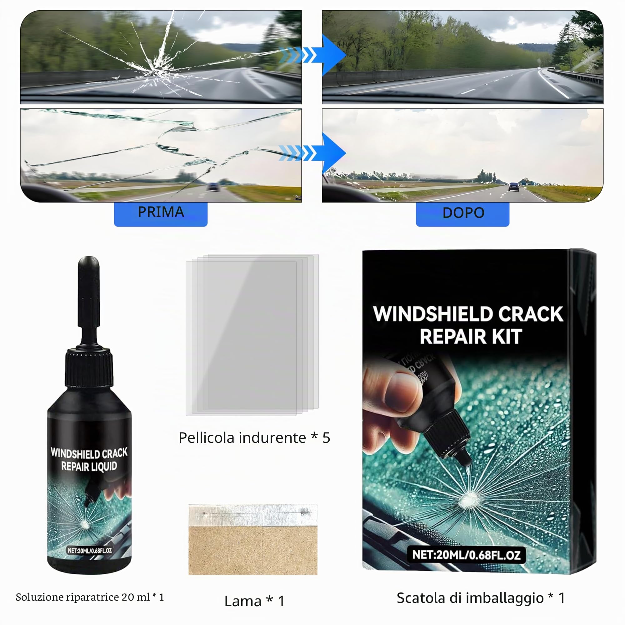 Kit di Riparazione del Vento Cracking per Chip e Cracks, Kit di Riparazione per Auto Windshield Crack Repair Liquid for Cracks, Kit di Riparazione del Chip Rock Windshield (1)