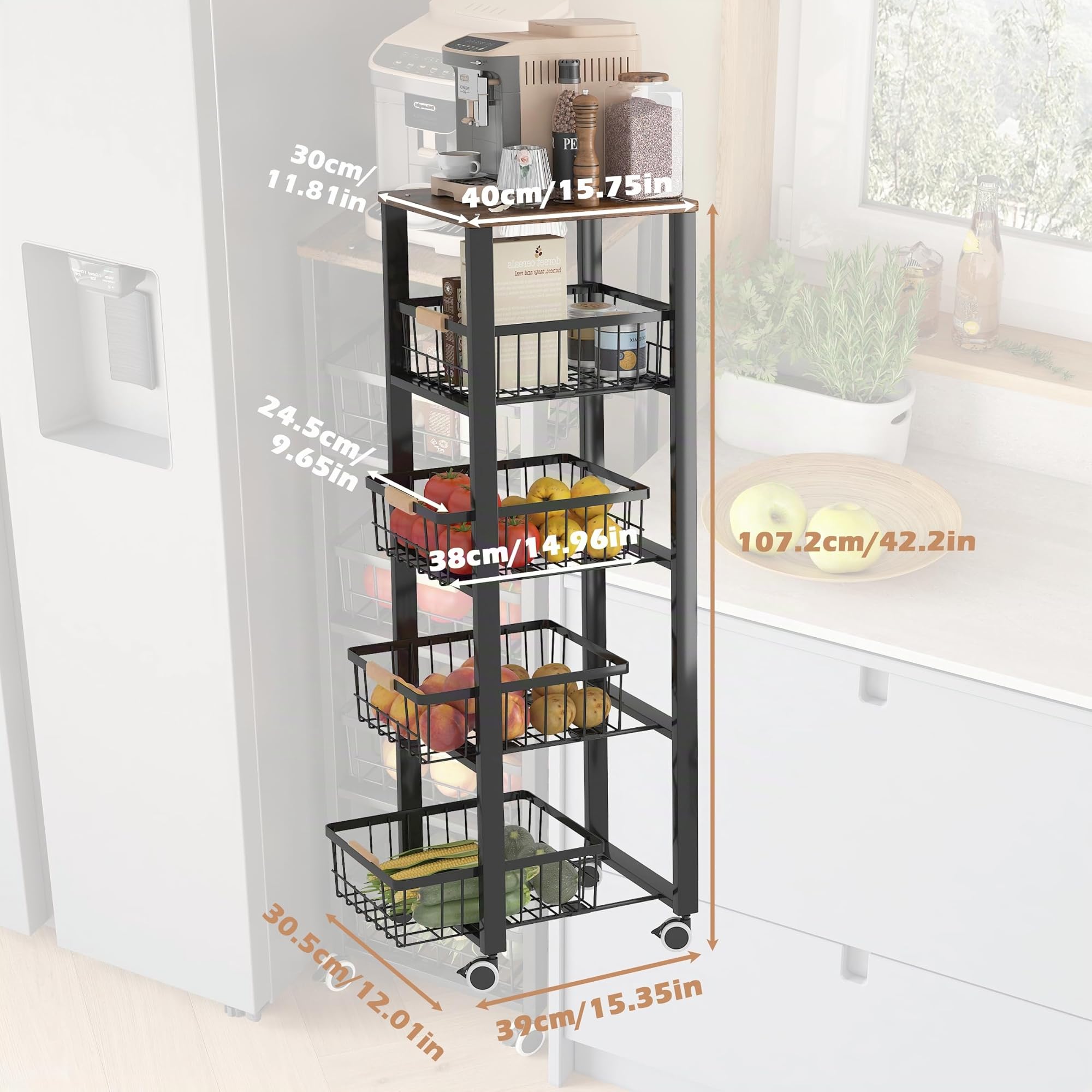 COVAODQ Carrito Cocina,Verdulero Cocina,Carro de 5 Niveles con de Cesta Ruedas bloqueables (Negro)