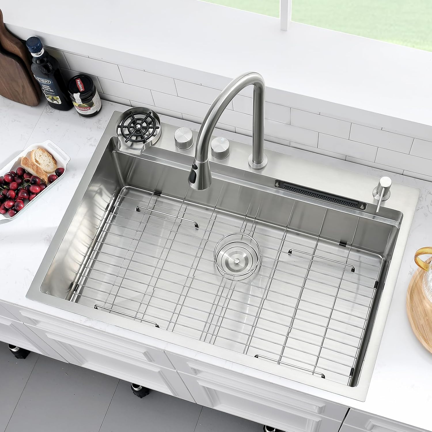waterfall kitchen sink drop in workstation, 31x20 drop in kitchen sink with faucet stainless steel kitchen sink 16 gauge top mount multifunctional single bowl kitchen sinks with cup washer 31"l x 20"w x 10"d brushed nickel