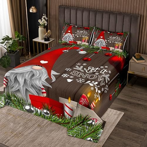 Erosebridal Juego de colcha de gnomo de Navidad, colcha de gnomo escandinavo, bola de Navidad roja, Papá Noel, acolchado, ramas de pino, nieve,