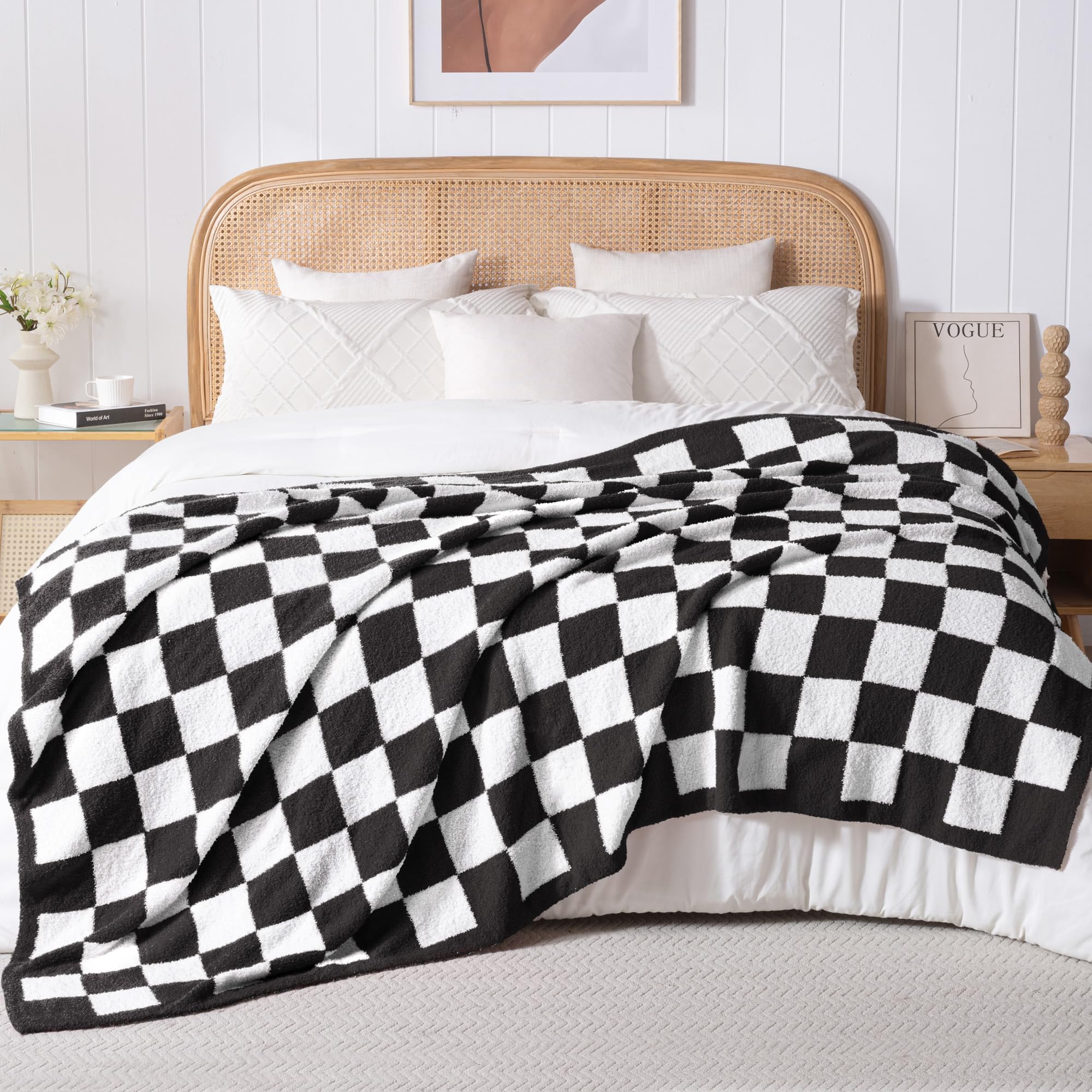 Checkered Knit Blankets Queen Size, Ultra Soft and Warm Reversible Woven Blankets, Cozy Snuggly Throw for Couch Bed and Home Decor, Black, 230x230 CM