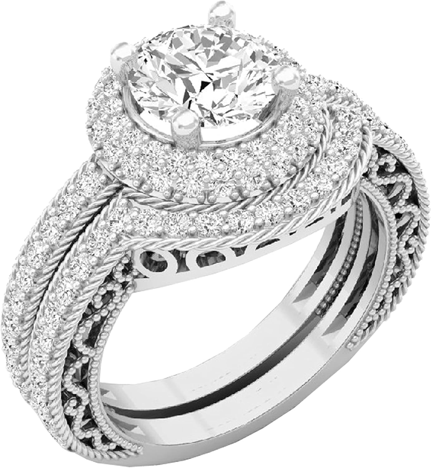 Dazzlingrock Collection Round White Cubic Zirconia CZ Halo Wedding Bridal Fashion 2 Piece Engagement Ring Set, in Real Solid Gold