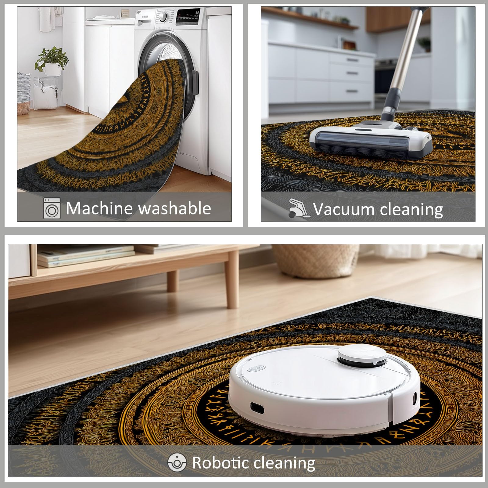 Generisch Teppich Wohnzimmer Waschbar Kurzflor Weich Fantasy Wikinger Symbol Teppich 80 x 150 cm pflegeleicht rutschfest für Schlafzimmer Kinderzimmer Flur Badezimmer Schwarz