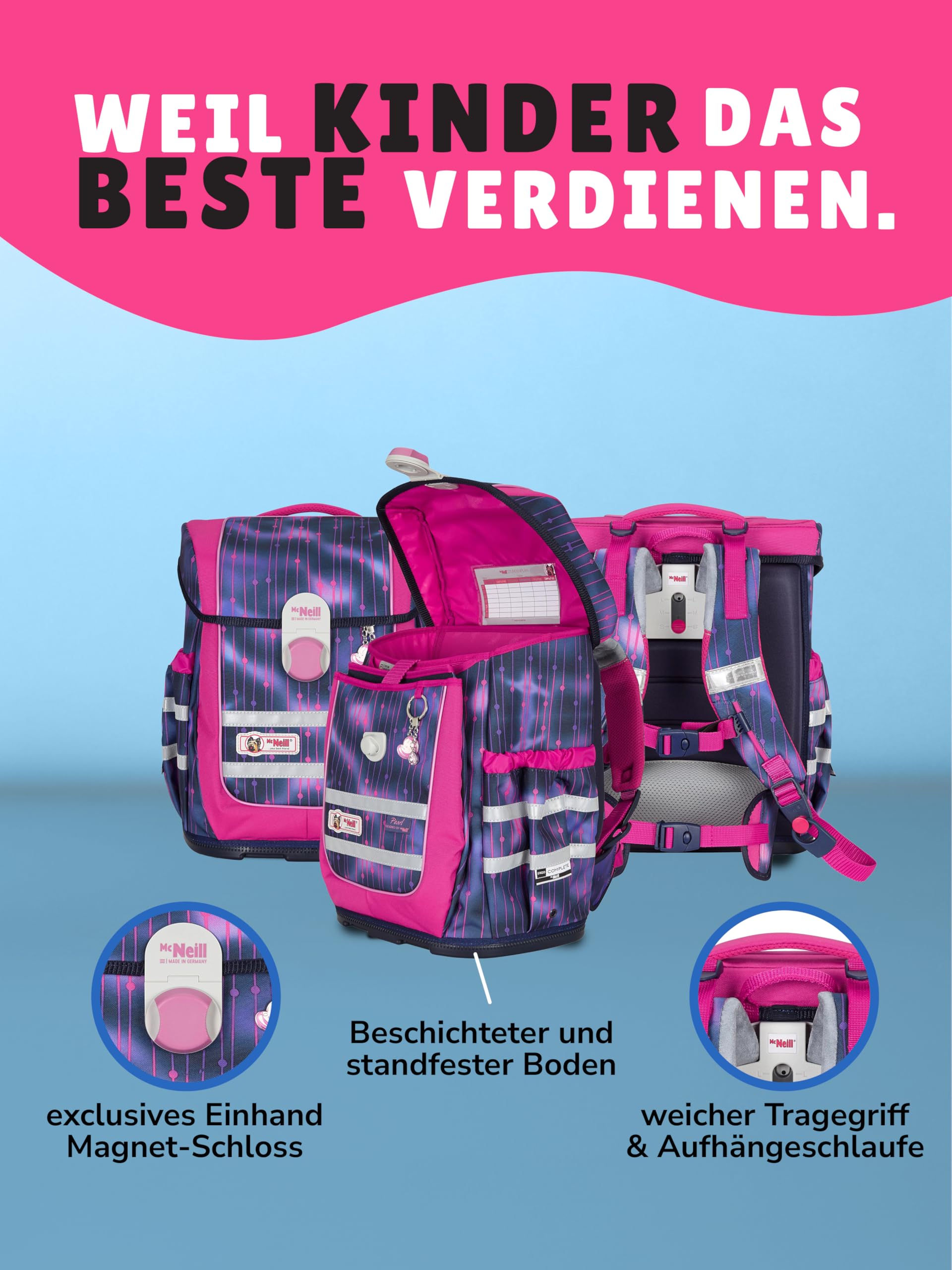 Familando - McNeill Ergo Complete Schulranzen Set - 10-teilig mit Schultüte - Pearl mit Herz Schloss - Ergonomisch & 3-Fach verstellbar - 1150g leicht mit 20L Volumen & Reflektoren - ab 1. Klasse
