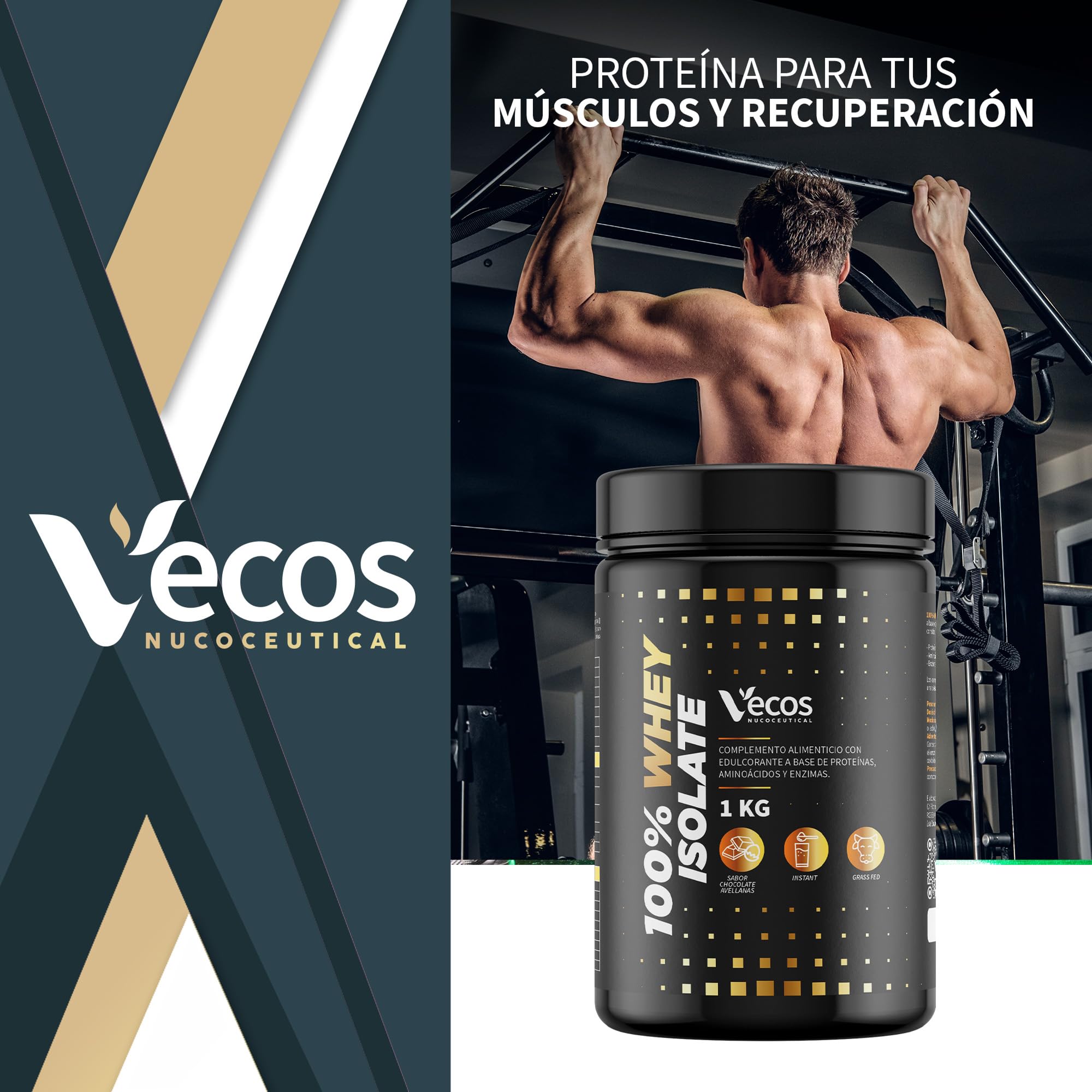Proteína Whey Isolate 100% Pura – Aislado de Proteína de Suero de Leche 93% Proteína – Grass Fed, Instantánea y Sabor Neutro – 1 Kg – Vecos Nucoceutical (Choco-Avellanas)