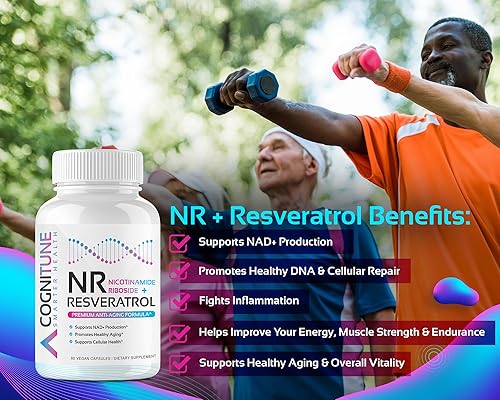 Miniatura 3 de Suplemento antienvejecimiento NR con resveratrol - Aumenta NAD+, ADN y salud celular, longevidad, vitalidad. Fórmula 5 en 1 - ribósido de