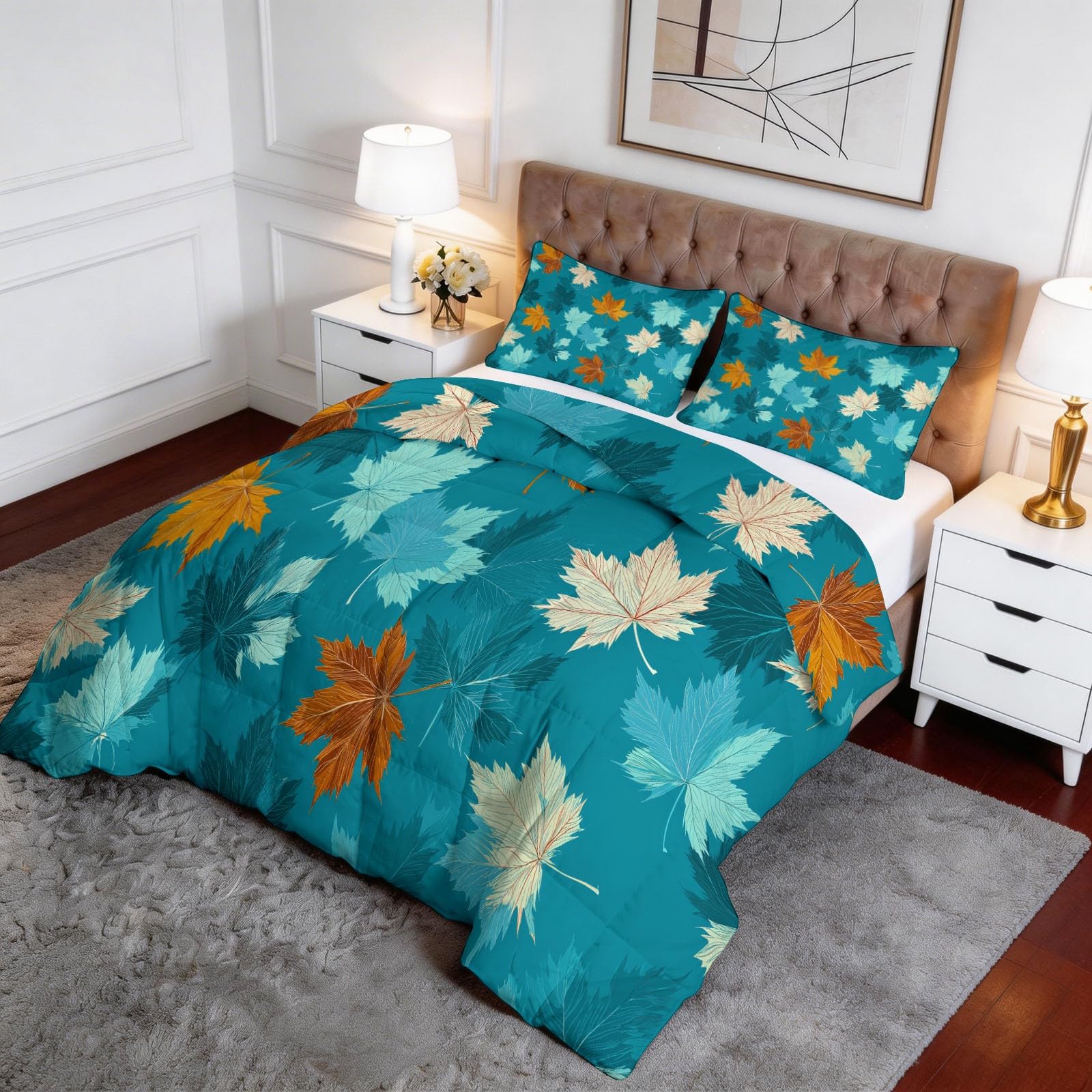 Trapunta Matrimoniale o Singola Stampa 3D 150x200 cm Foglie blu foglie d'acero Trapunta Set 3 Pezzi con 2 Federe, Piumone Letto 4 Stagioni Trapuntino Traspirante Morbida