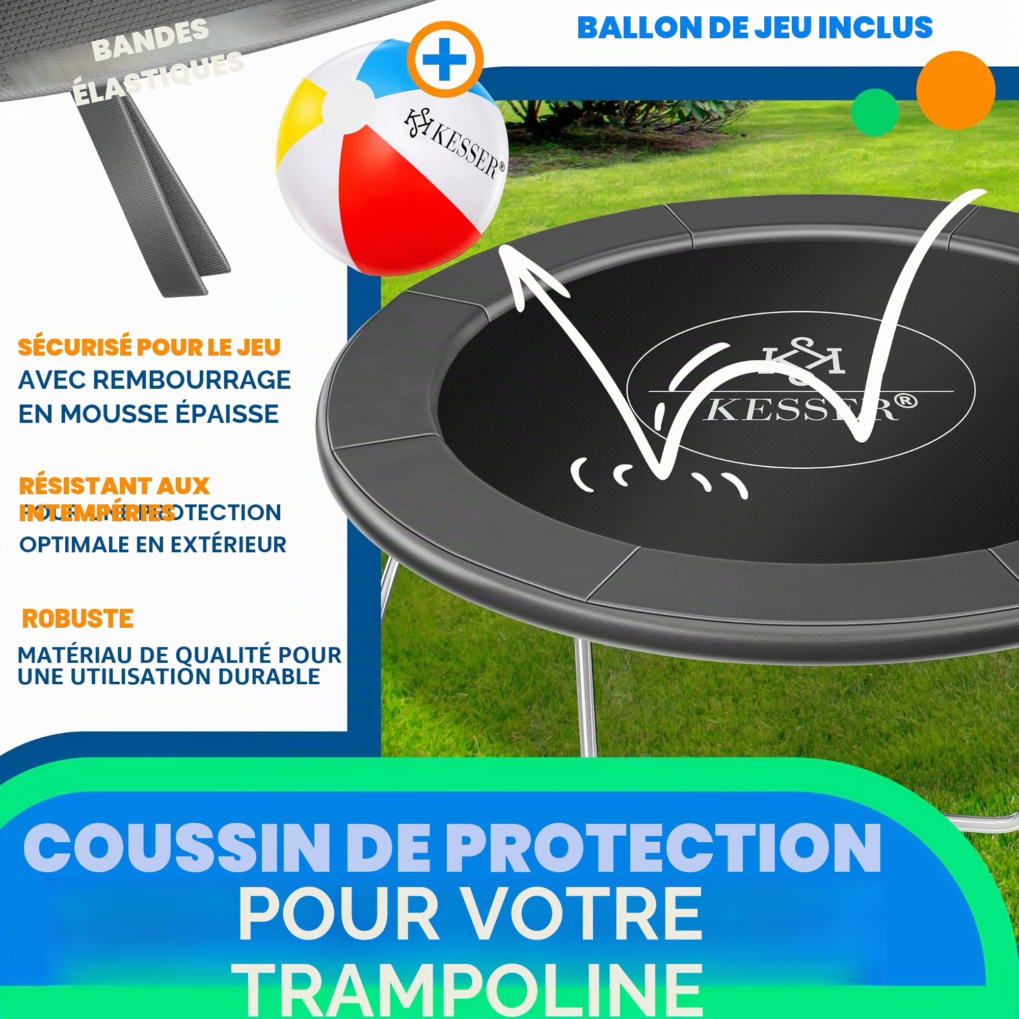 KESSER® - Couverture de Bord pour Trampoline Ø 244, 305, 366, 426 cm, Largeur 30cm 100% résistant aux UV indéchirable Couverture à Ressorts avec Ballon de Plage