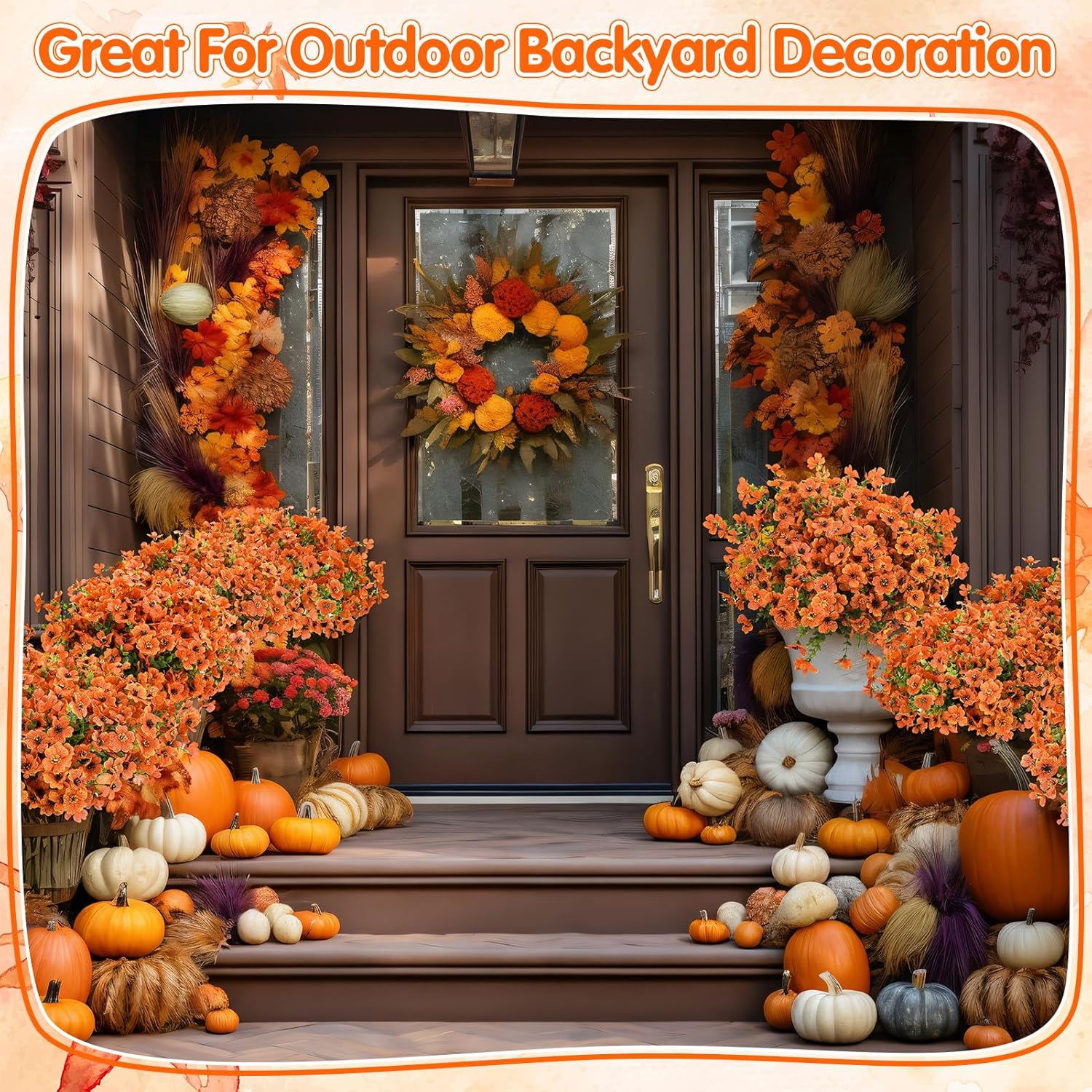 56 Bundles Artificial Mum Flowers for Outdoors Decor, Realistic Orange Silk Plastic Daisies Faux Mums Planters Petunias Halloween, Thanksgiving, Autumn Porch, Window Box Garden Decor