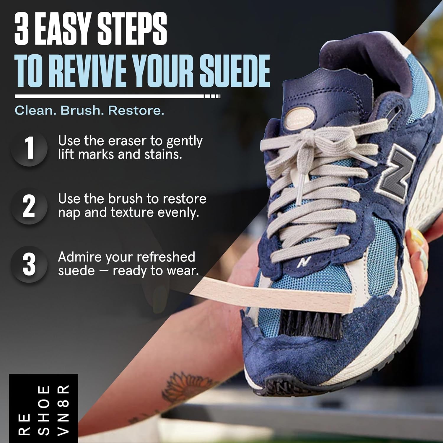 RESHOEVN8R Dry Suede Kit - Sneaker Cleaner & Shoe Care for Light-Colored Nubuck & Suede Shoes - Gently Removes Marks, Spots, & Scuffs - 1 Cleaning Brush & 1 Eraser