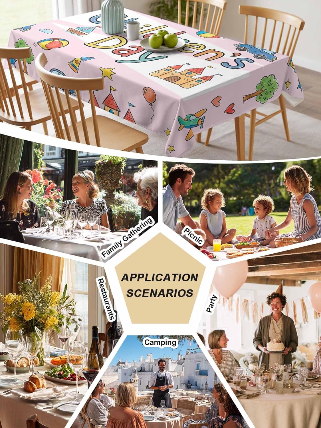 Children's Day Waterproof Table Cloth Cartoon Sun Airplane Castle Kite Boat Truck Balloon Pink Waterproof & Wrinkle Table Cover, Washable Polyester Soft Fabric Table Cloth for Outdoor Indoor Parties