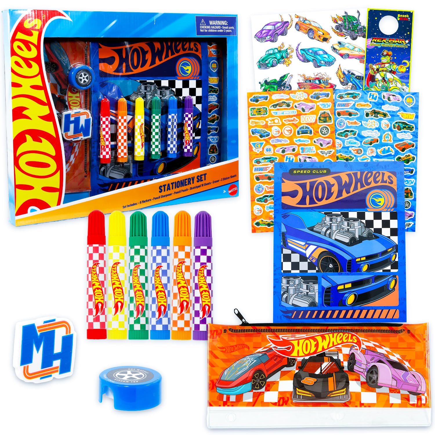 Hot Wheels Juego de papelería para niños, paquete con bloc de bocetos de coche de carreras, calcomanías, utensilios para colorear, soporte para lápices, más | Juego de arte Hot Wheels para niños
