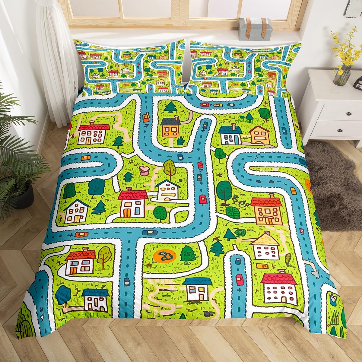 Cute Doodle Roads Duvet Cover King for Kids,Cartoon Traffic Cars Bedding Set for Teens Adults,Building Background Bed Set,Trees Quilt Cover with 2 Pillowcases Bedroom Decor