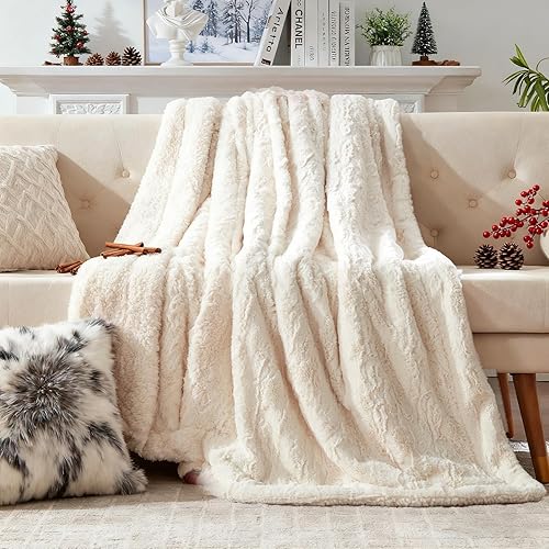 Miniatura 8 de COZYART - Manta de pelo sintético para cama individual, 60"x80" color crema, sherpa suave reversible, mullida, afelpada, peluda y esponjosa para