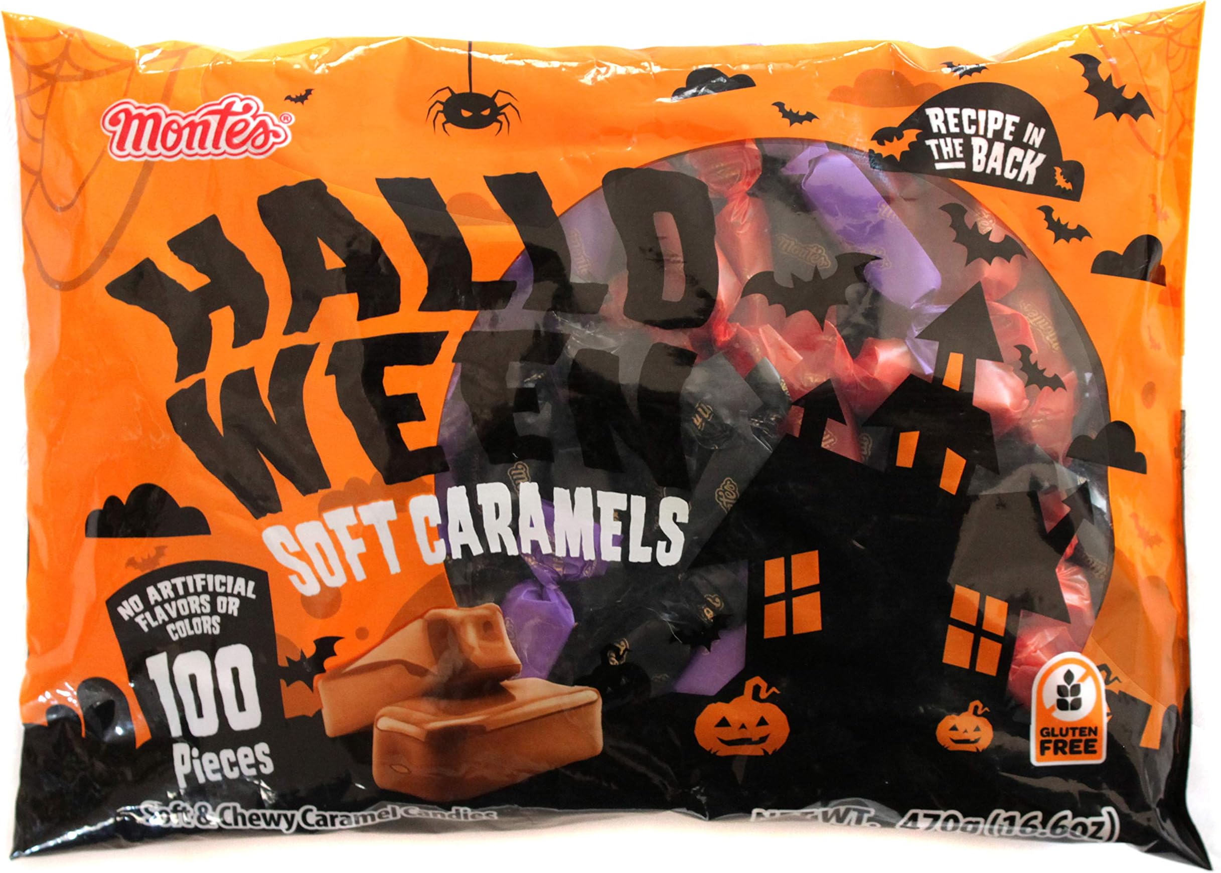 Montes (1) bag Halloween Soft Caramels - Soft & Chewy Caramel Candy - 100 Individually Wrapped Pieces Per Bag - Gluten Free - Net Wt. 16.6 oz