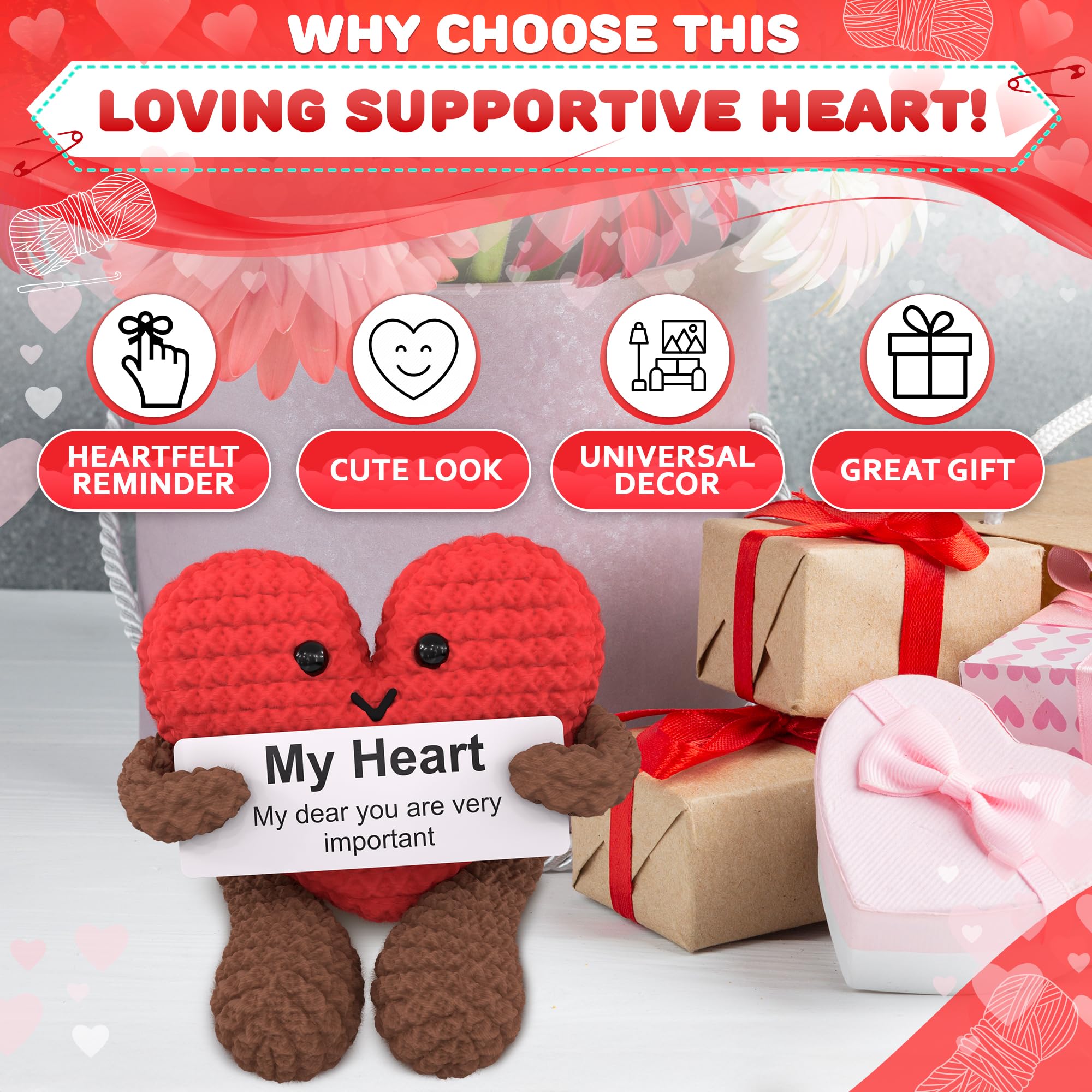 Reluen Heart Plush Gift for Her, Him - Mom Day Gifts Crochet Plushies Stuffed Hearts for Wife | Crochet Heart Soft Knitted Encouragement Support Keepsake for Girlfriends, Mother, Wife