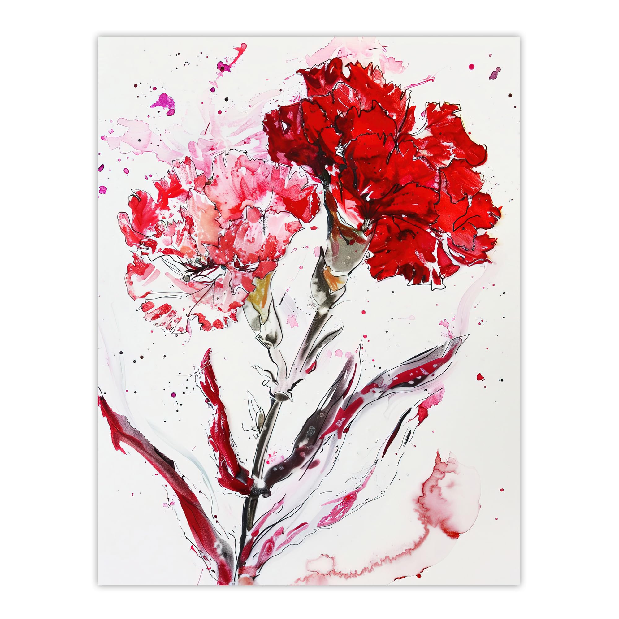 Red Carnation Flower Abstract Watercolour Wall Art Print - Artery8 - W24 x H32 Inch