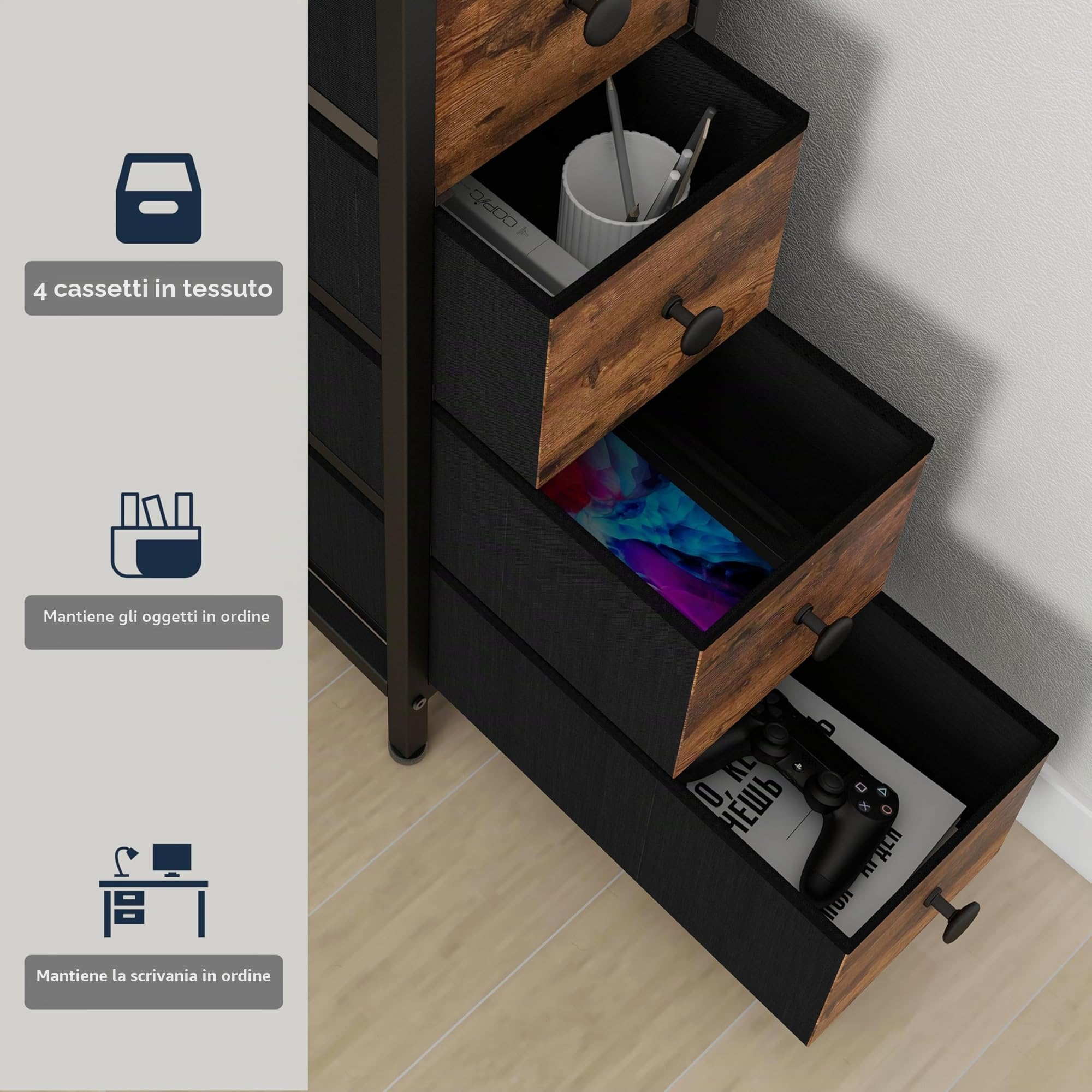 Tohomeor Scrivania angolare con 4 cassetti in tessuto, scrivania con cassetti, tavolo da gioco, scrivania per computer, ufficio, studio, camera da letto (marrone)